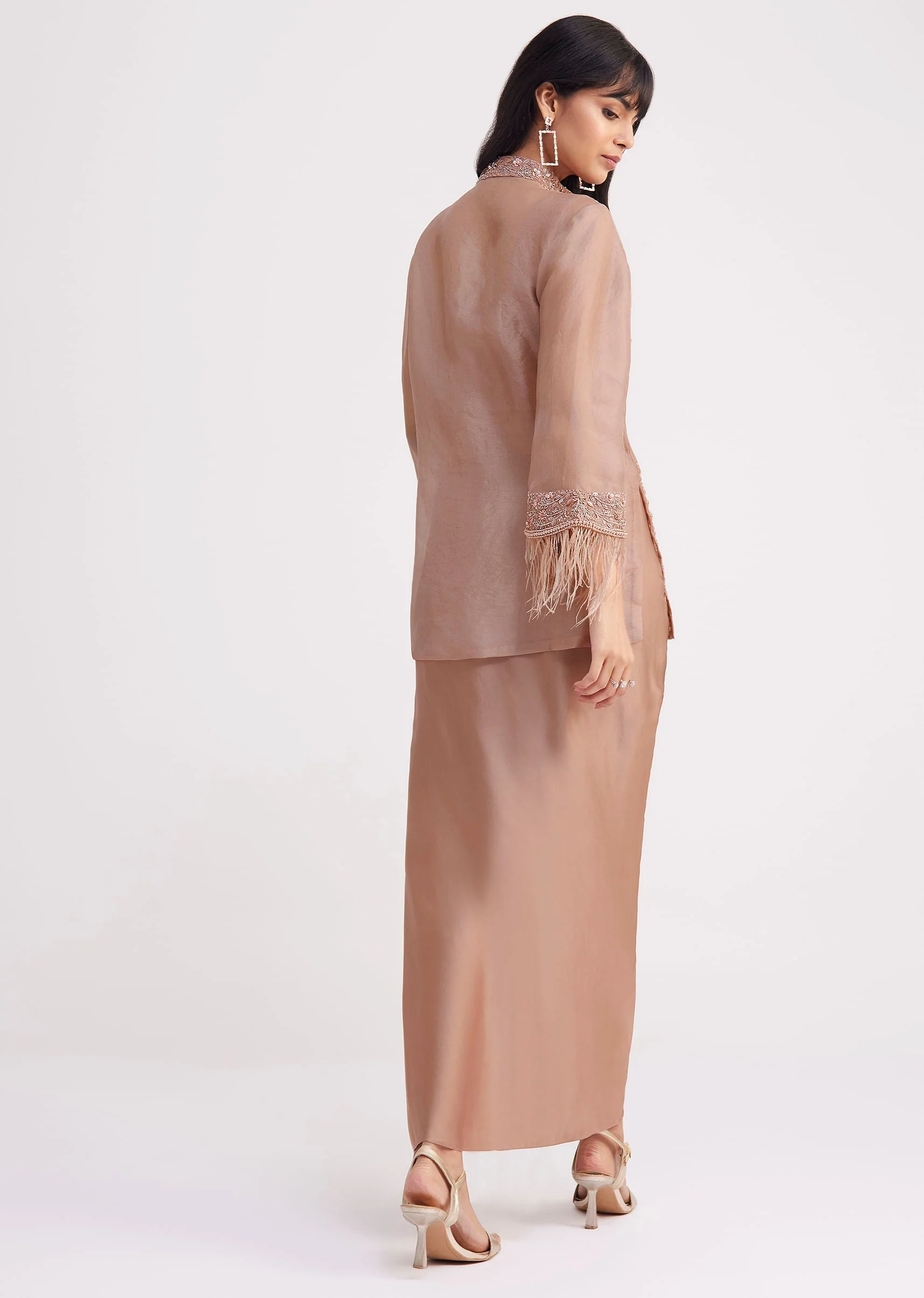 Hazelnut Beige Crop Top And Skirt With Embroidered Jacket - Image 5