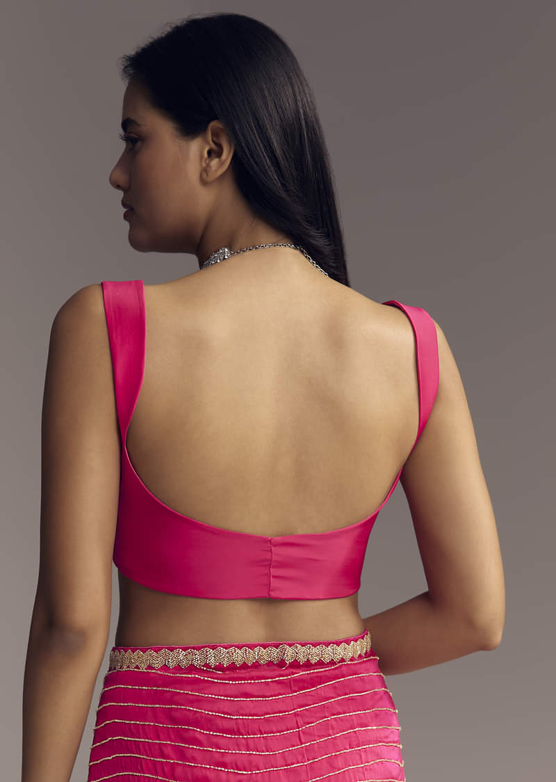 Hot Pink Organza Saree With Stone And Cut Dana Work - Image 7