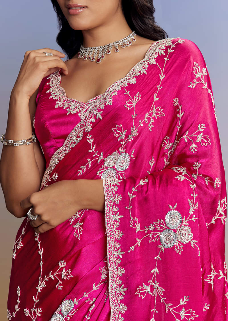 Hot Pink Satin Saree With All Over Jaal Embroidery In Cutdana And Sequins - Image 2