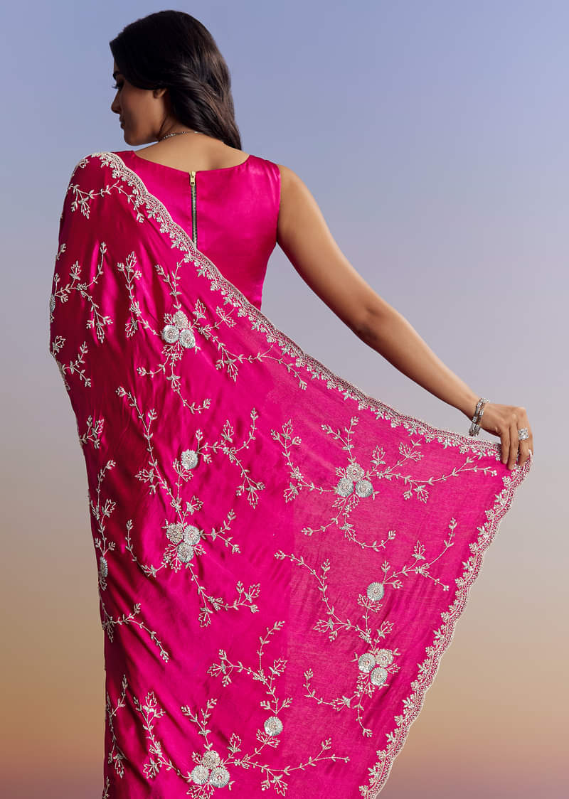 Hot Pink Satin Saree With All Over Jaal Embroidery In Cutdana And Sequins - Image 6