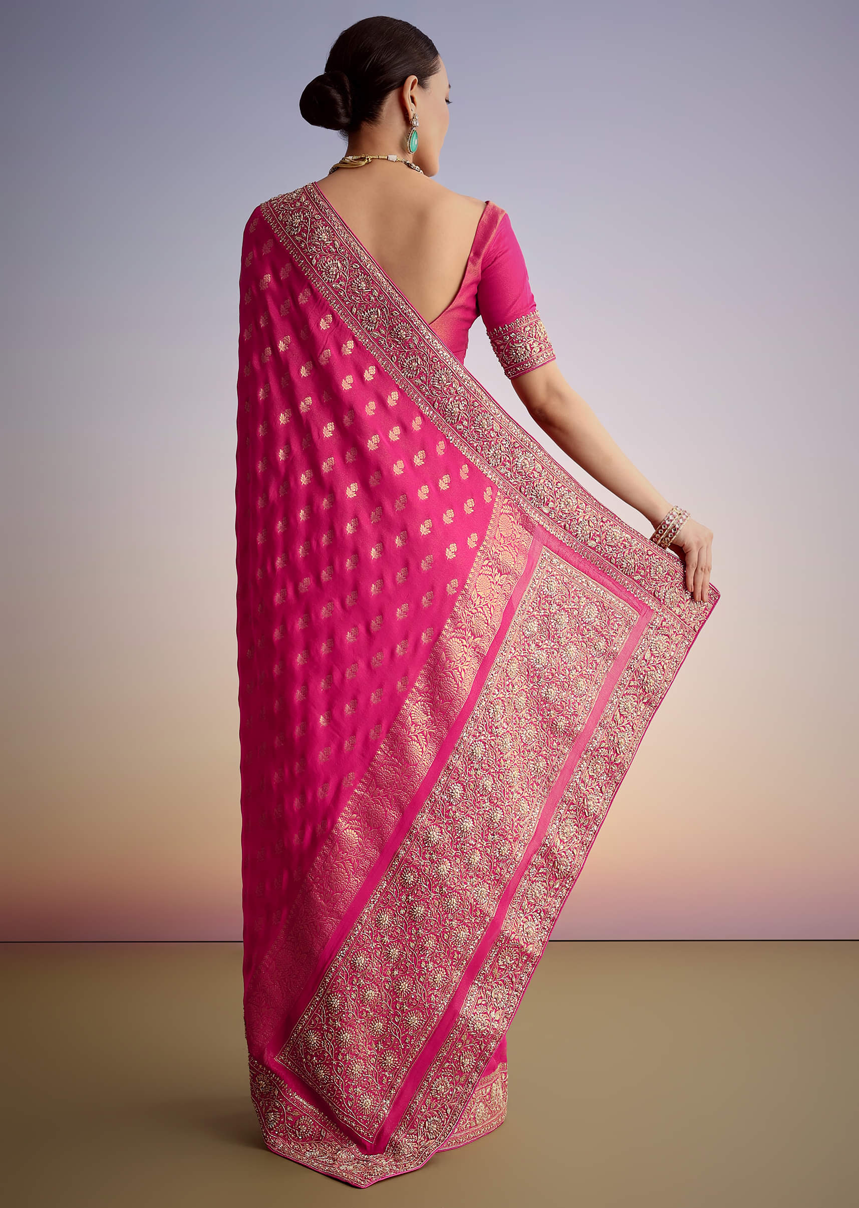 Hot Pink Silk Saree With Heavy Embroidered Border And Pallu - Image 6