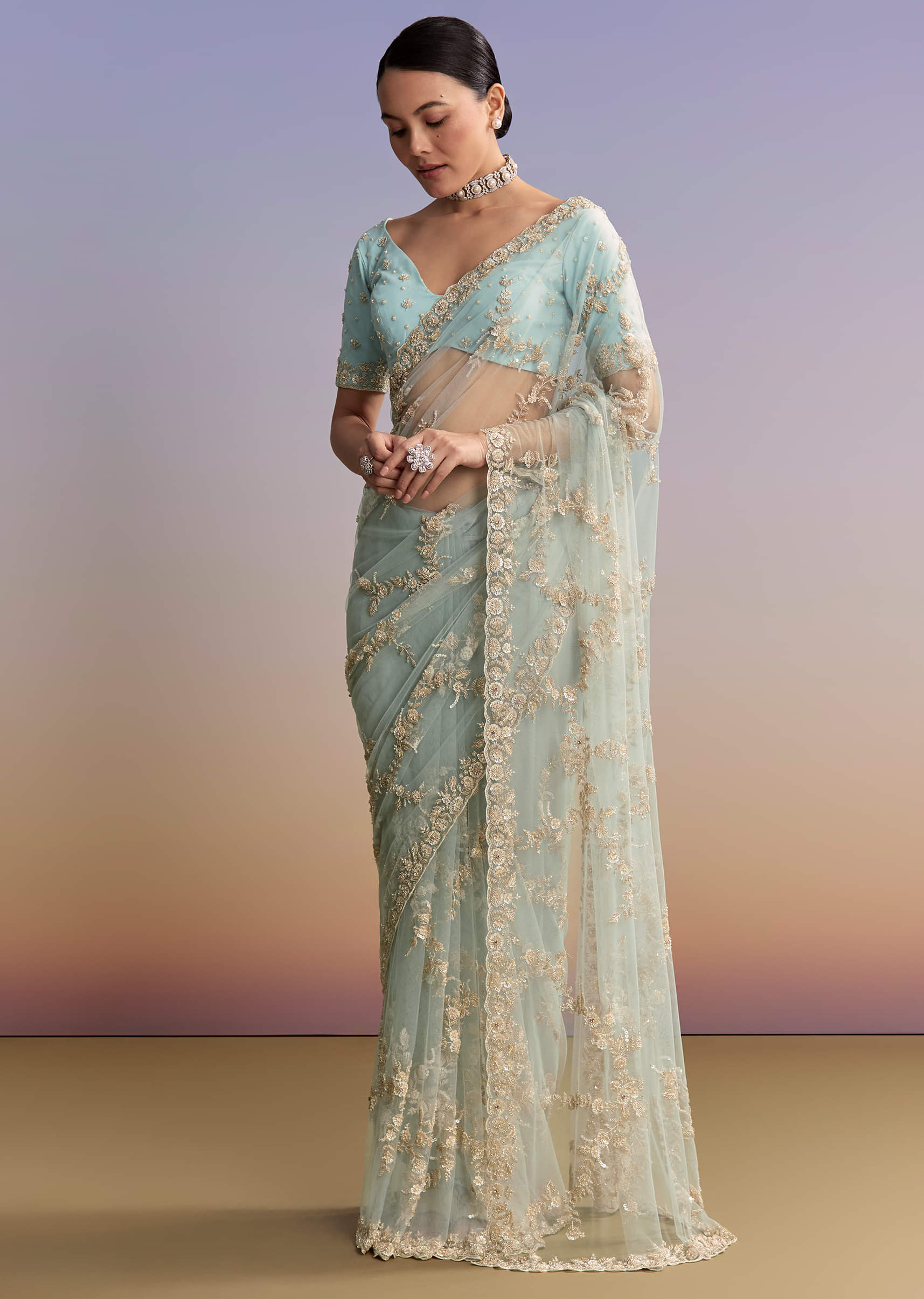 Ice Blue Net Embroidered Saree With Cutdana And Bead Work - Image 10