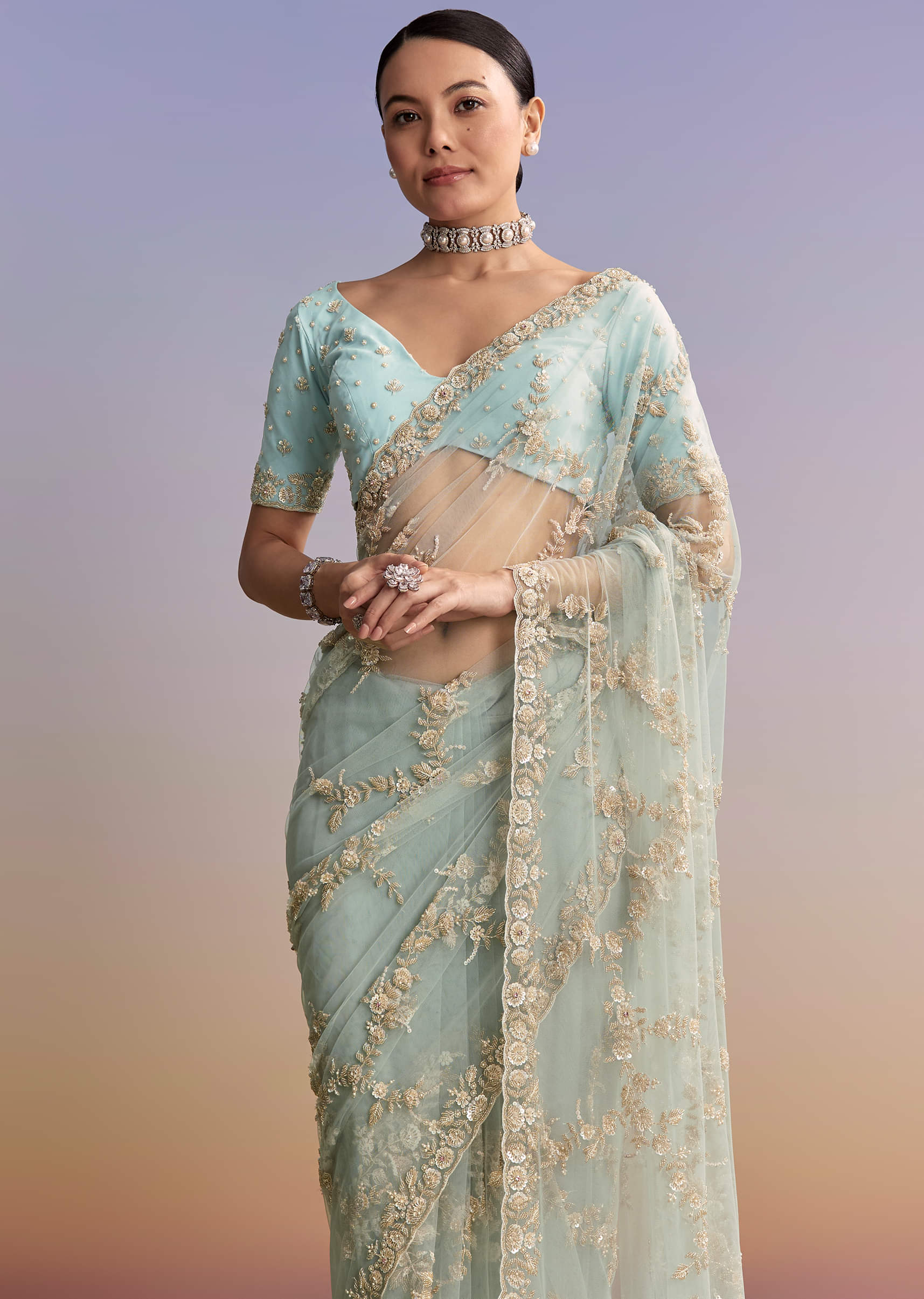 Ice Blue Net Embroidered Saree With Cutdana And Bead Work - Image 5