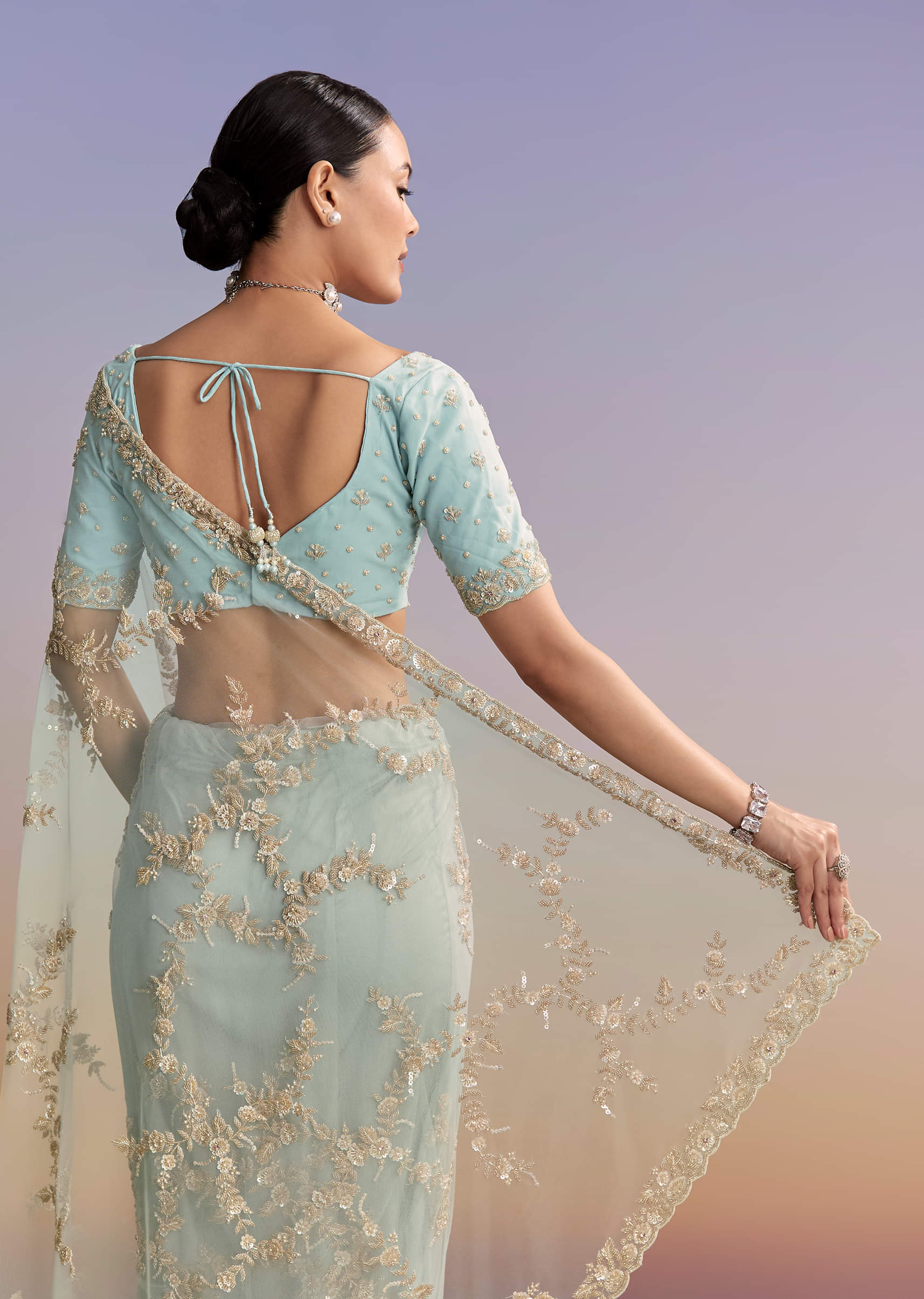 Ice Blue Net Embroidered Saree With Cutdana And Bead Work - Image 6