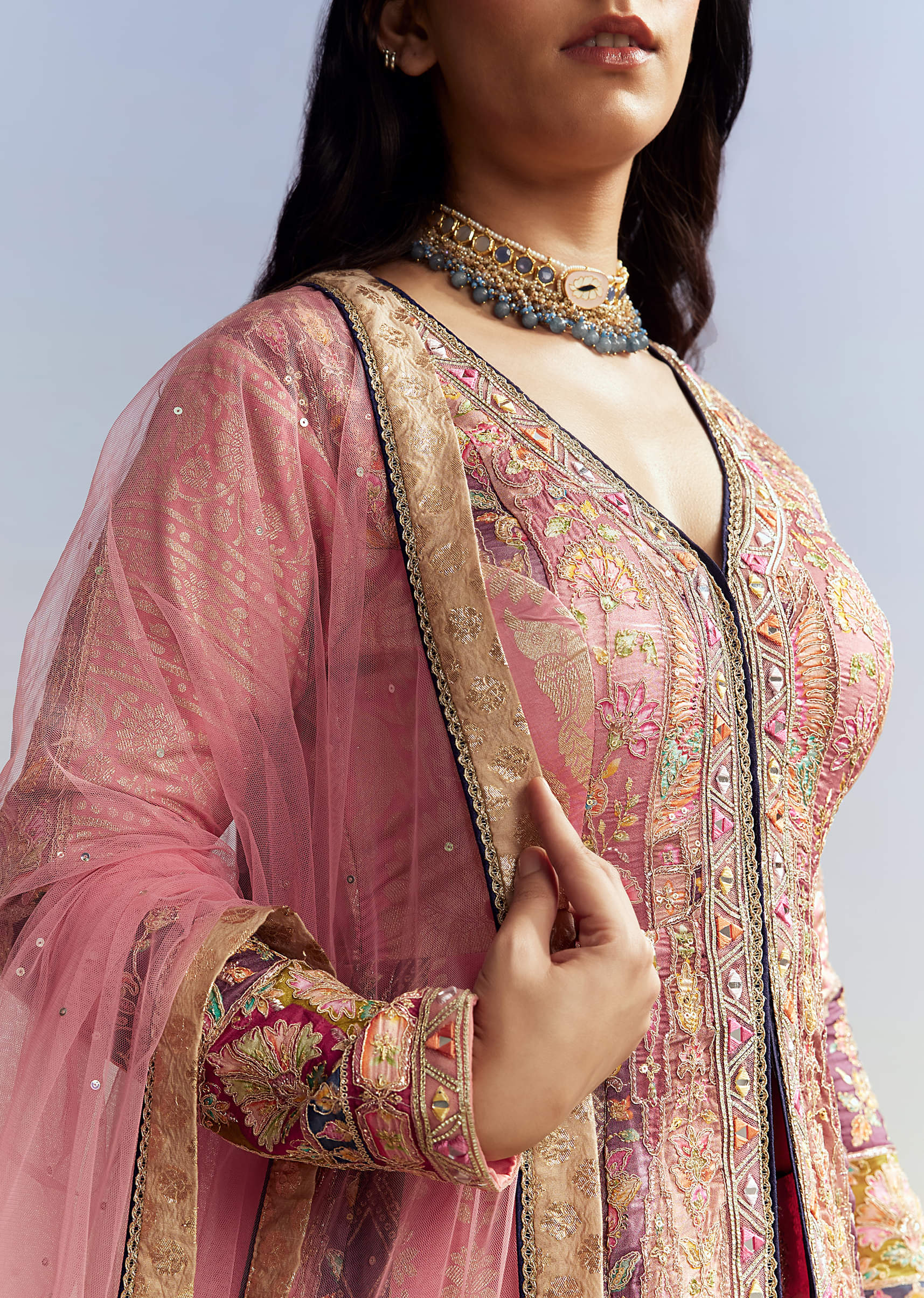 Indo Western Pink Silk Kurta Lehenga Set - Image 2