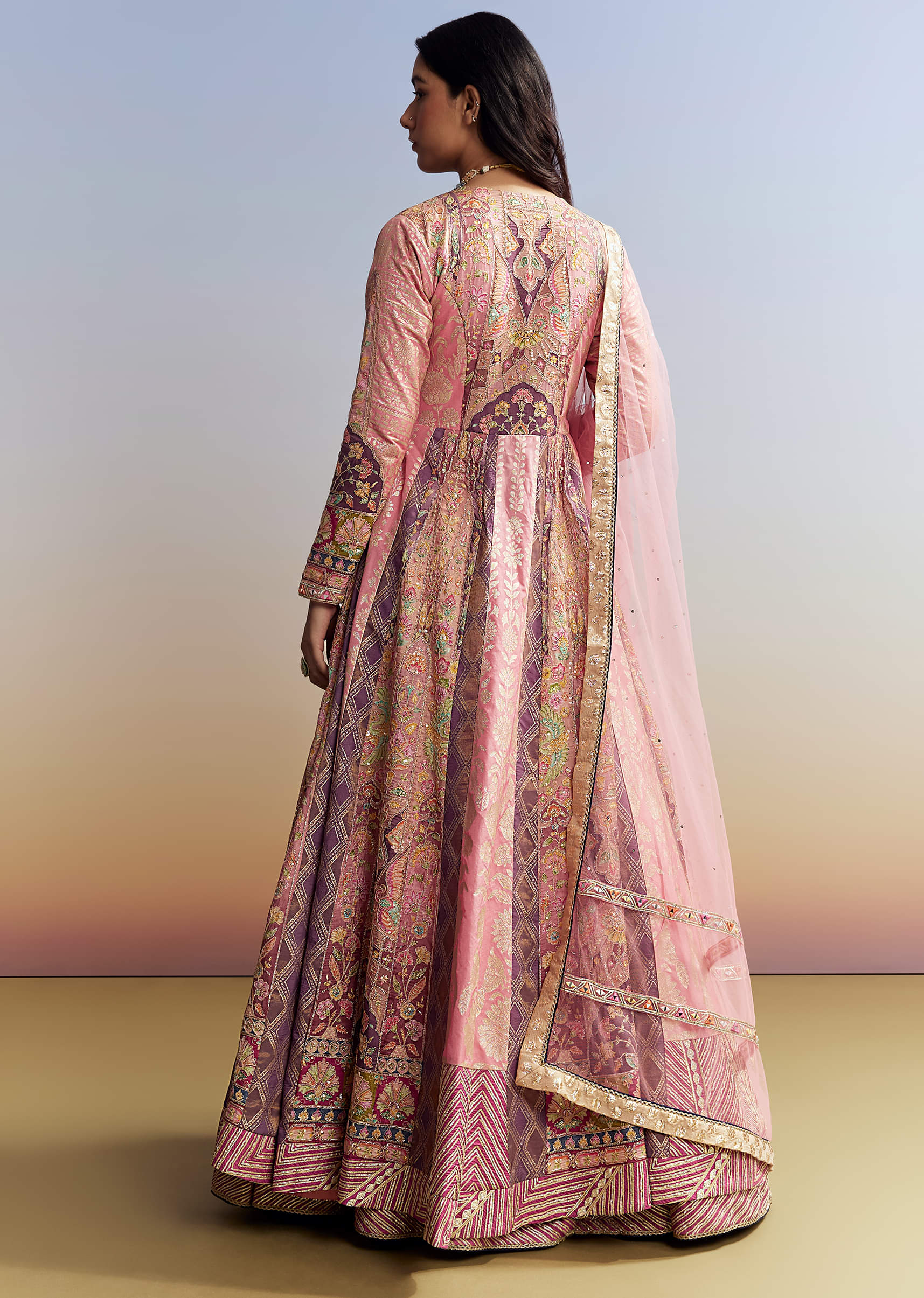 Indo Western Pink Silk Kurta Lehenga Set - Image 4