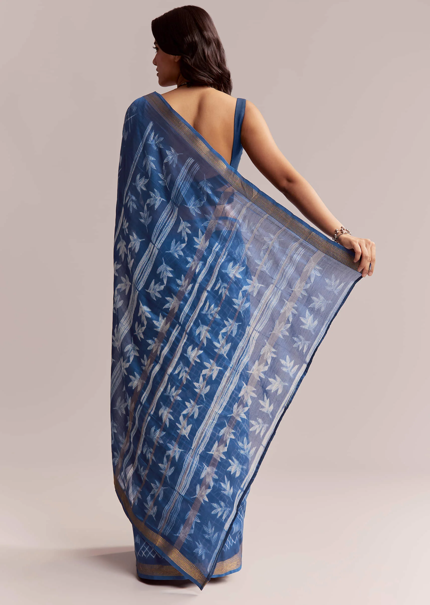 Ink Blue Linen Printed Saree With Heritage Shibori Print - Image 6