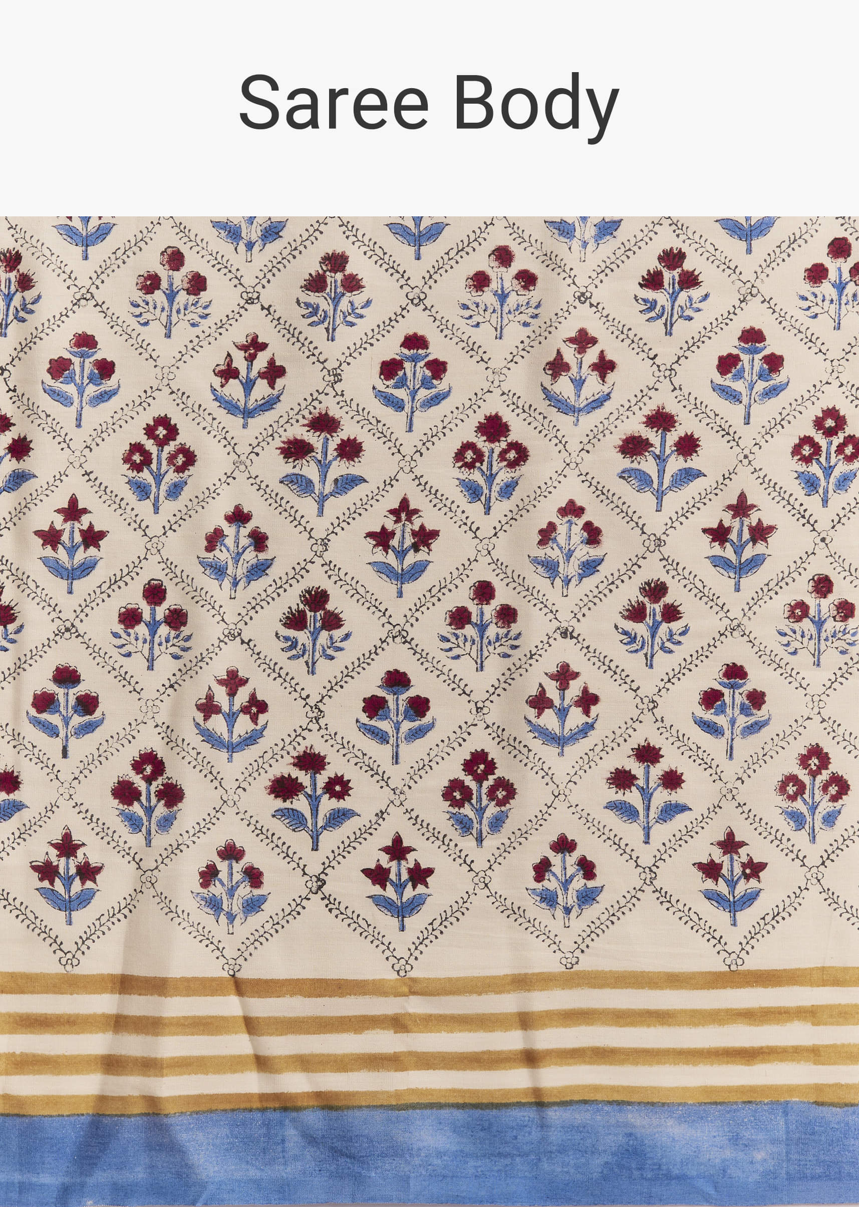 Ivory Linen Printed Saree With Handcrafted Ajrakh Patch Work - Image 9