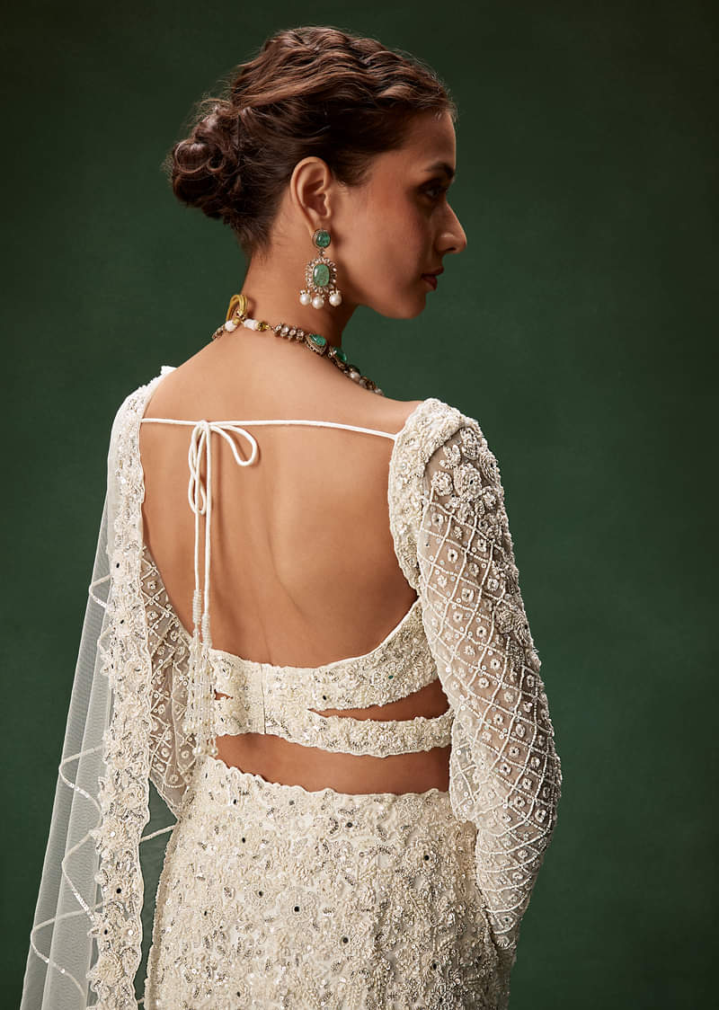 Ivory Mermaid Bridal Lehenga With Full Sleeves And Heavy Embroidery - Image 6