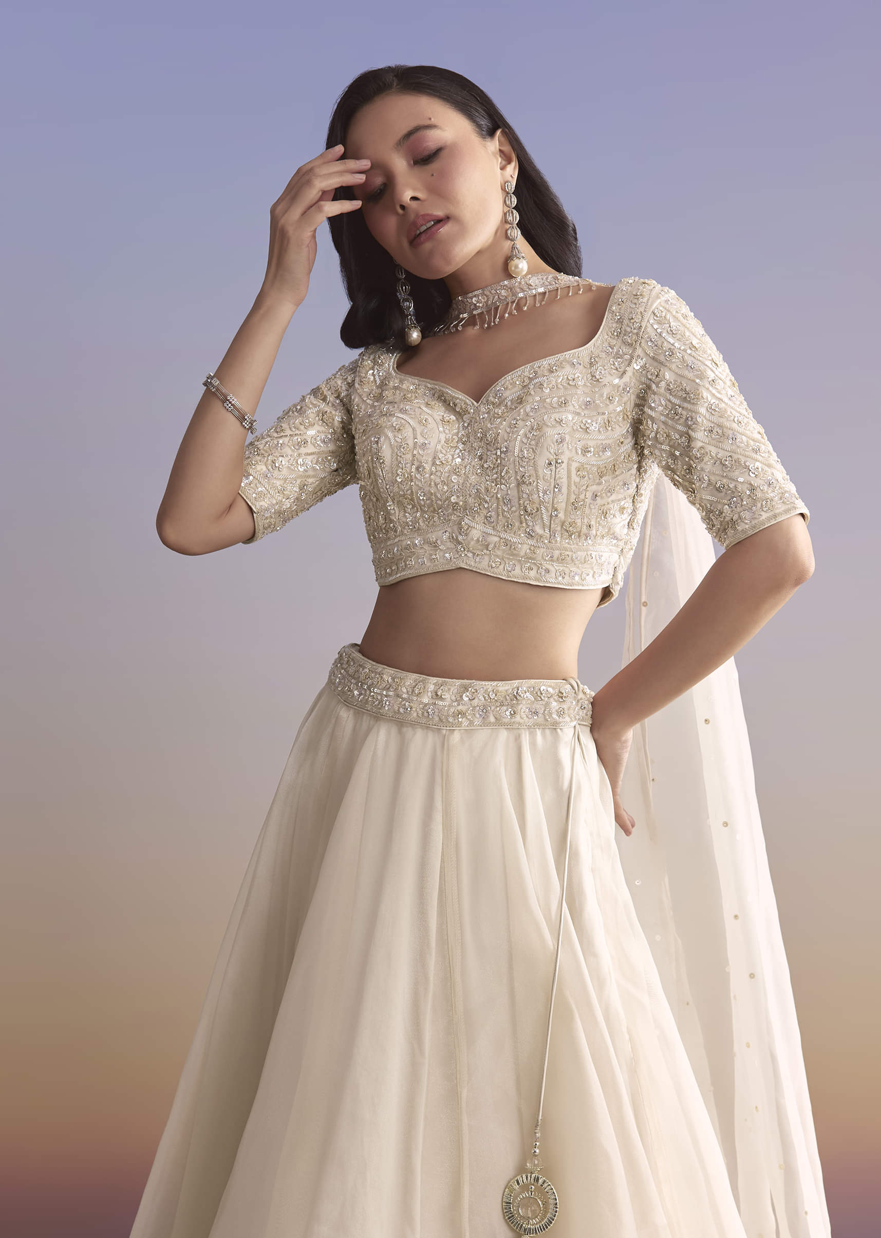 Ivory Organza Bridesmaid Lehenga With Sequins And Cutdana Embroidery - Image 5