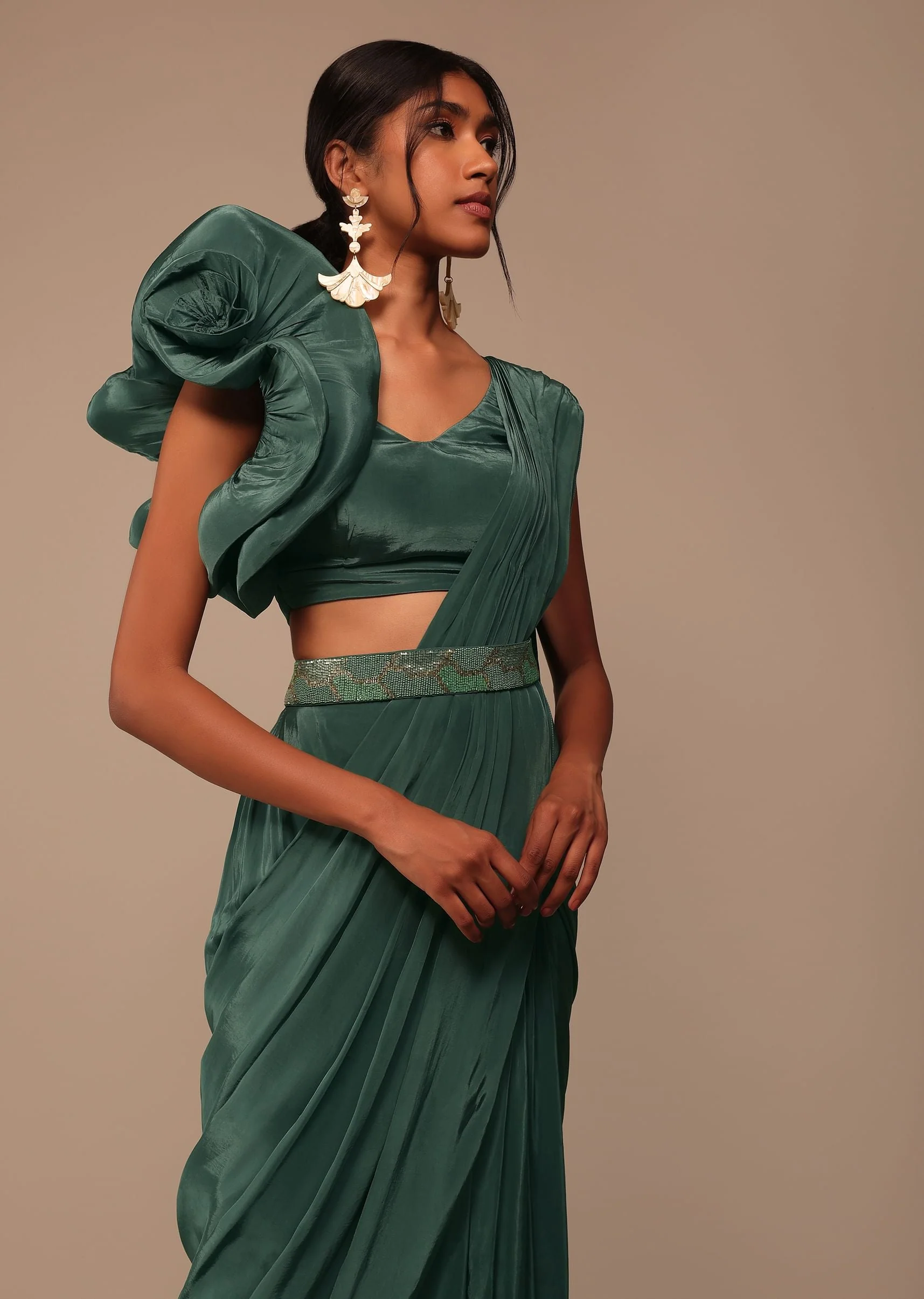 Jade Green Saree With Fancy One Side Flowered Shape Sleeve And Belt - Image 5