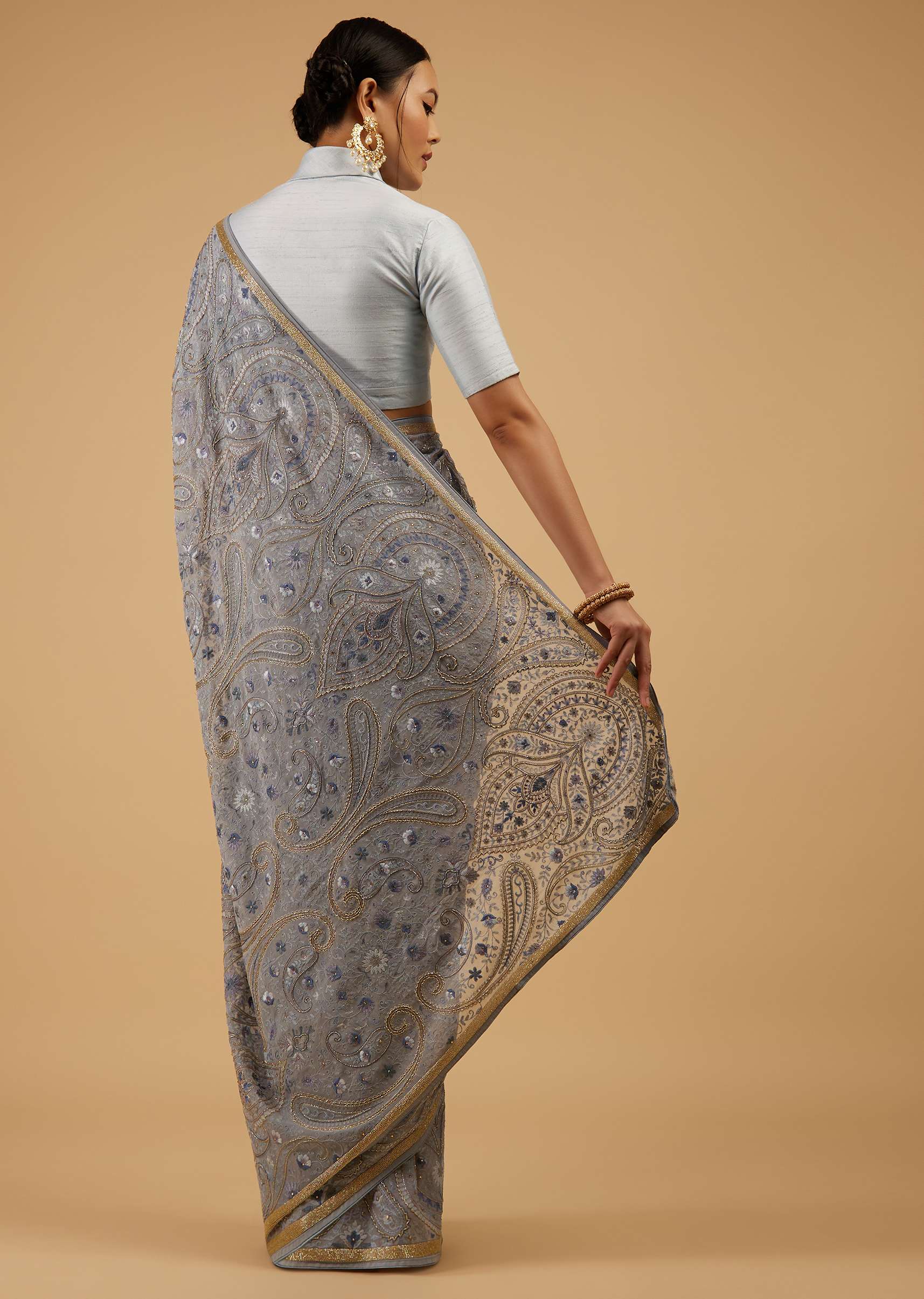 Powder Blue Saree Kashmiri Embroidered In Georgette - Image 6