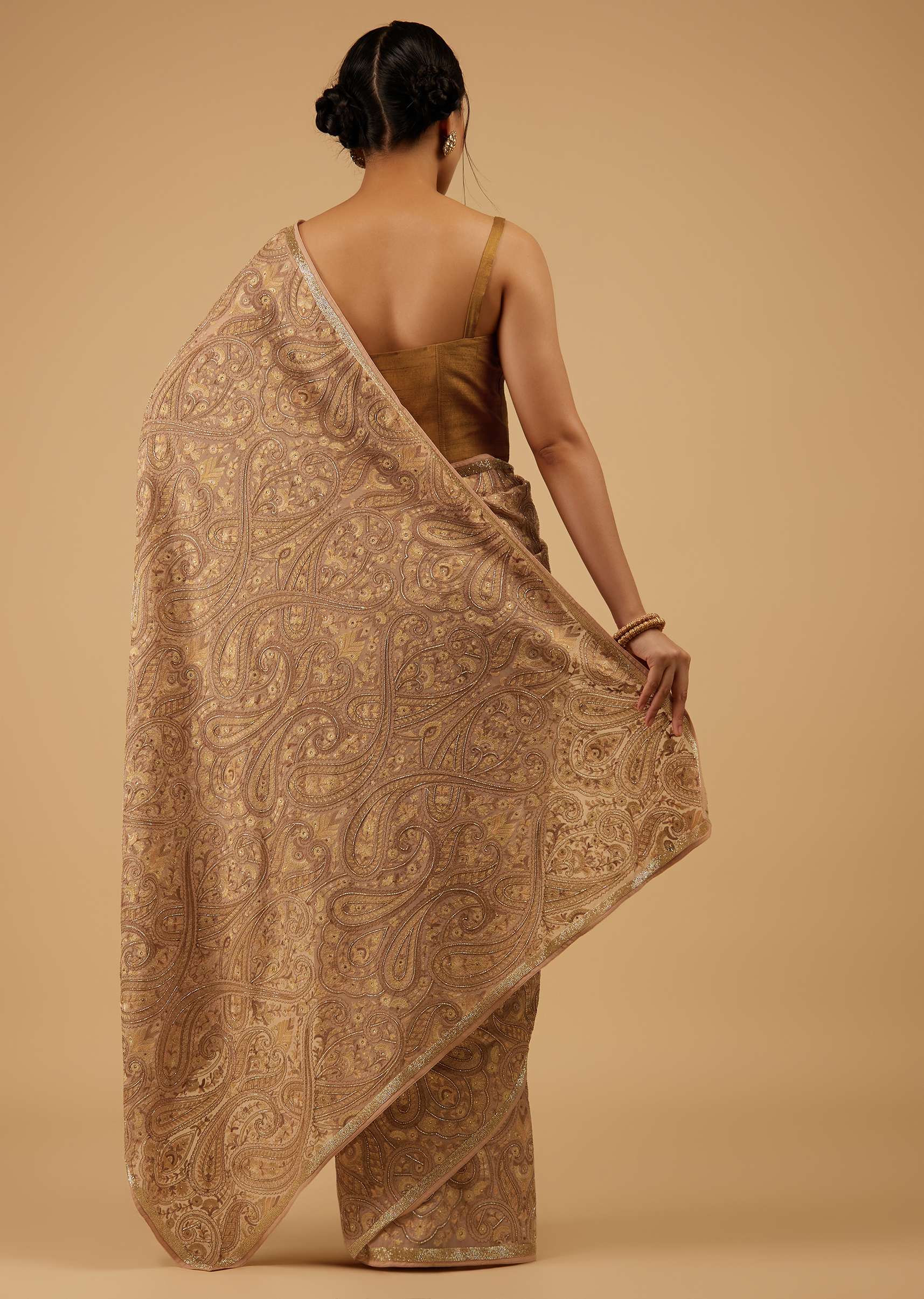 Mocha Brown Festive Toasted Almond Beige Saree Kashmiri Embroidered In Georgette - Image 5
