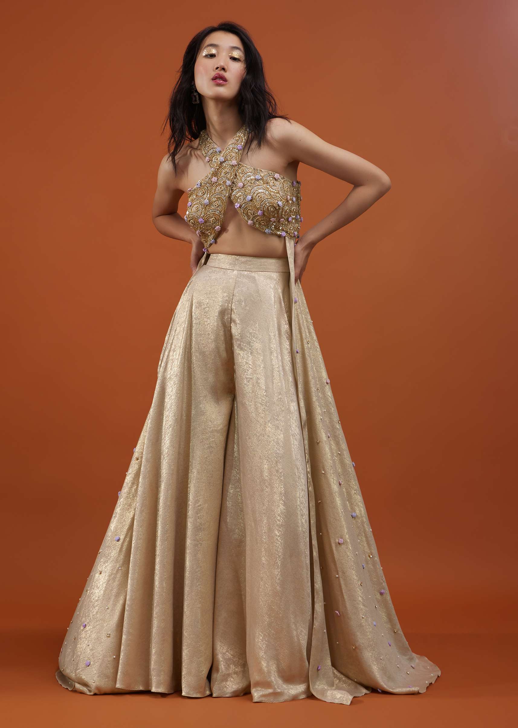 Gold Toned Palazzo Top In With Attached Cape - NOOR 2022 - Image 3