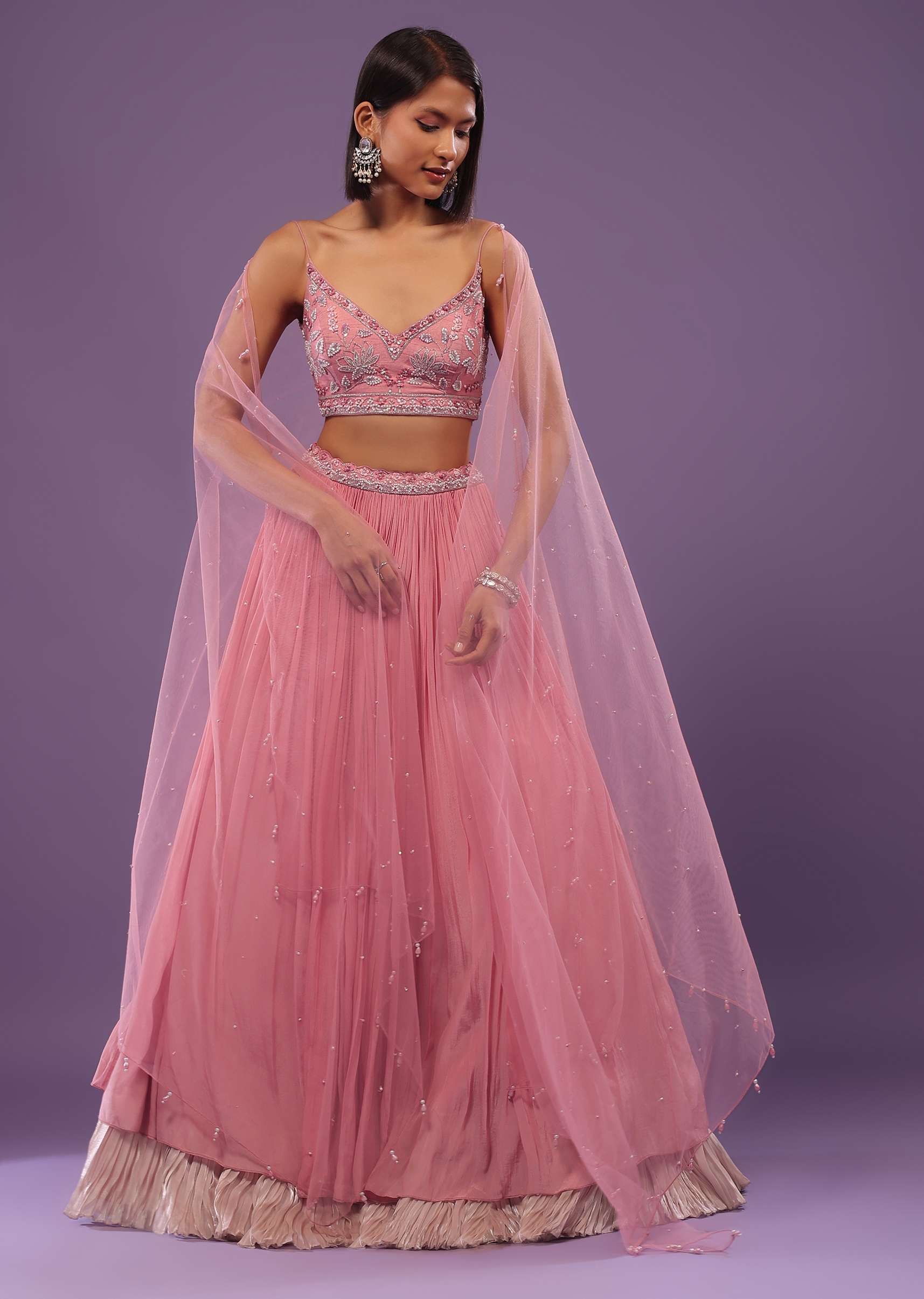 Petal Pink Embroidered Bridesmaid Lehenga Set In Crepe - Image 3