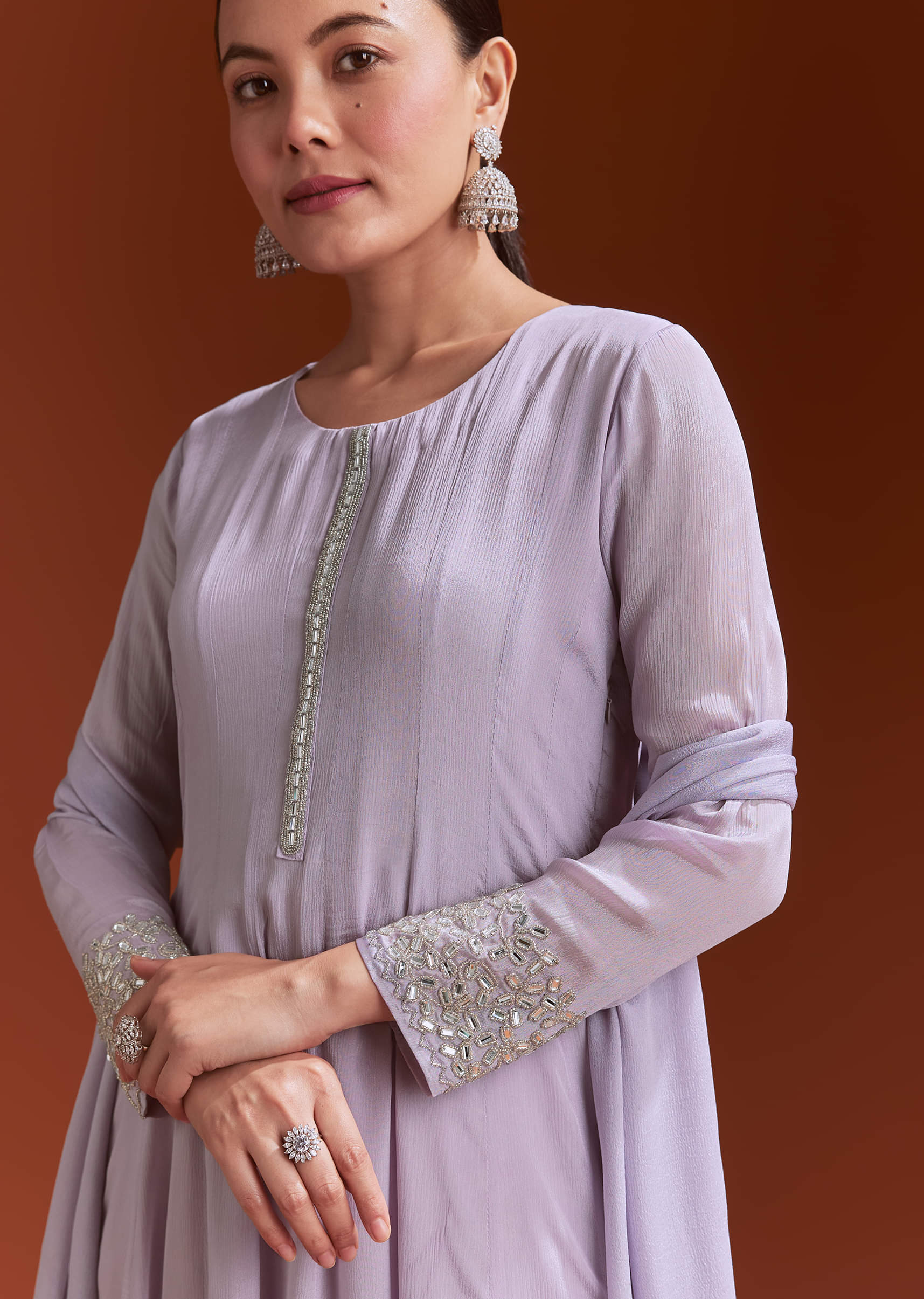 Lavender Chinon Anarkali Suit With Beads And Stone Work - Image 3