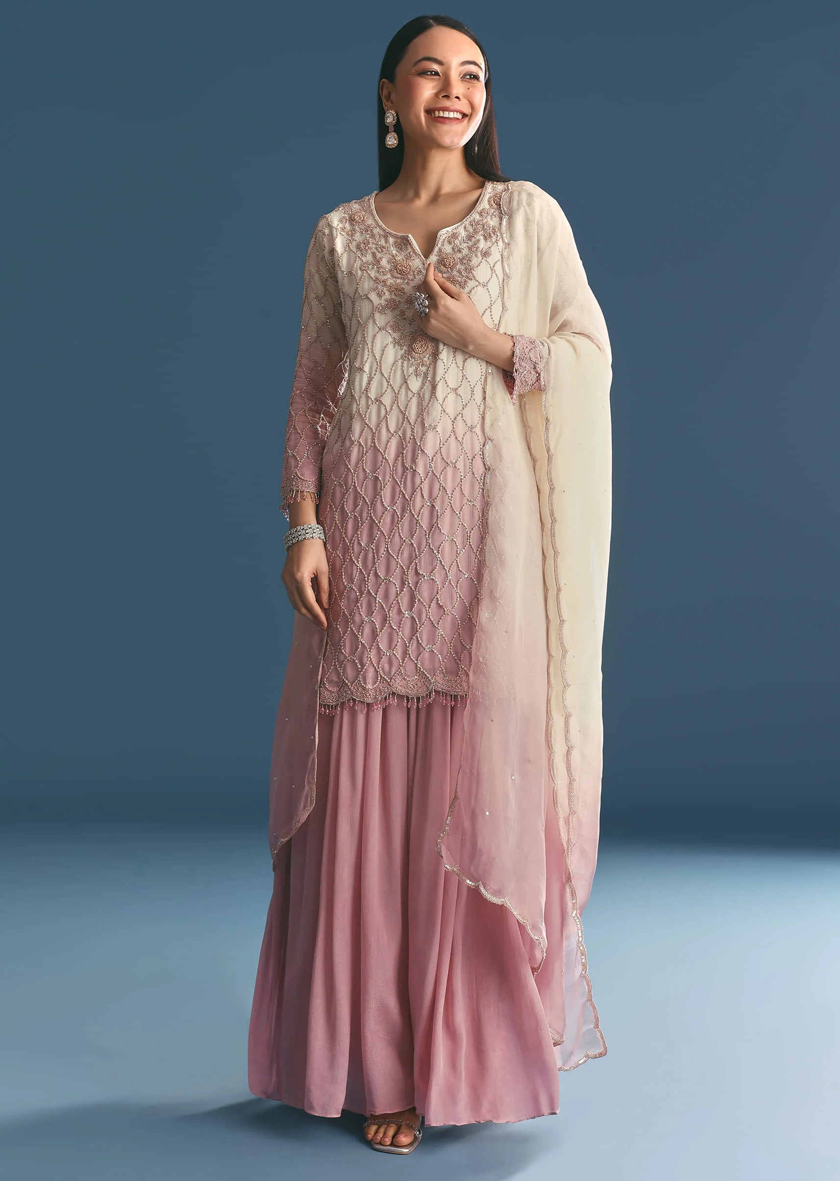 Lavender Chinon Ombre Kurta Palazzo Suit With Sequins Thread Work - Image 4