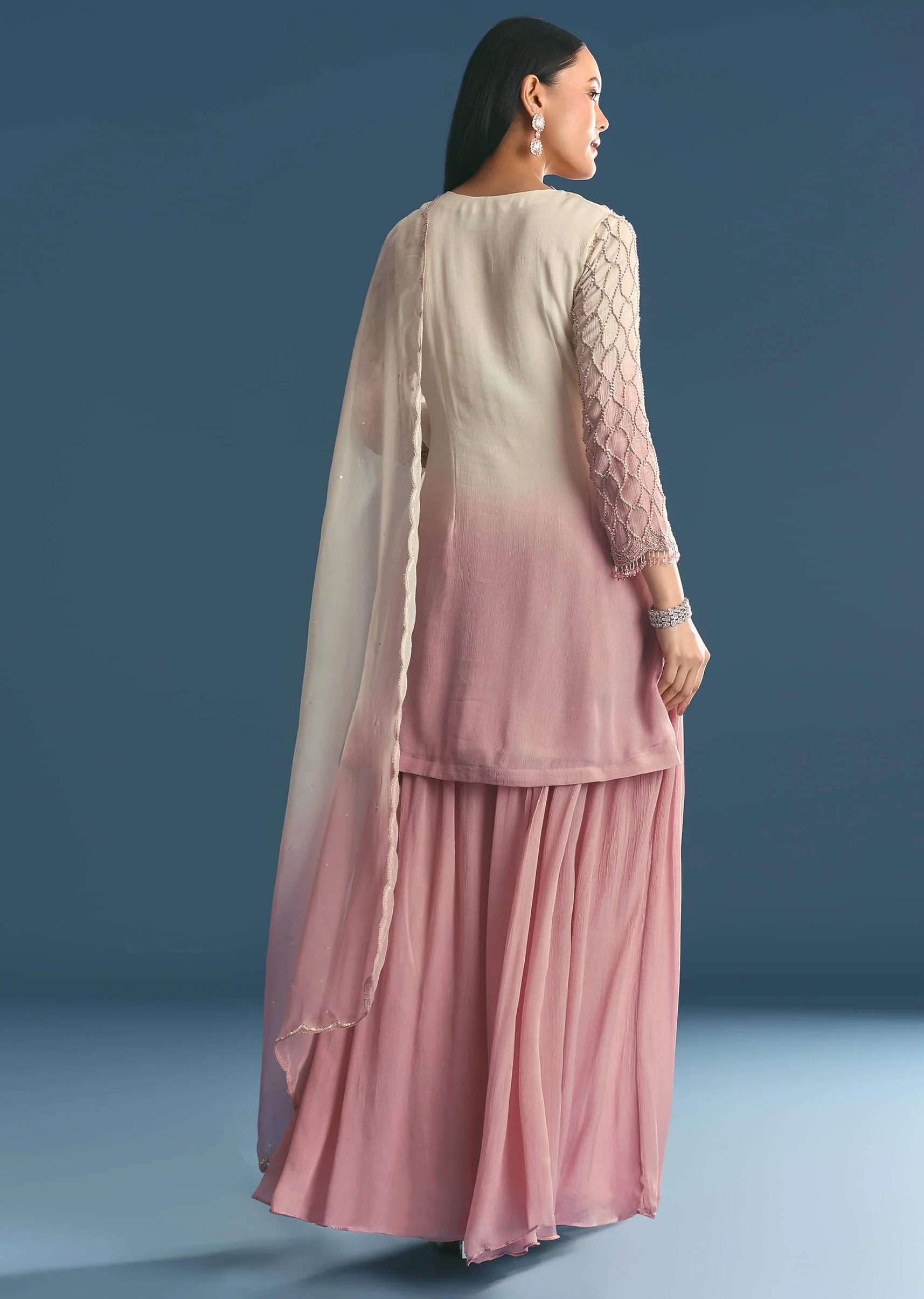 Lavender Chinon Ombre Kurta Palazzo Suit With Sequins Thread Work - Image 5