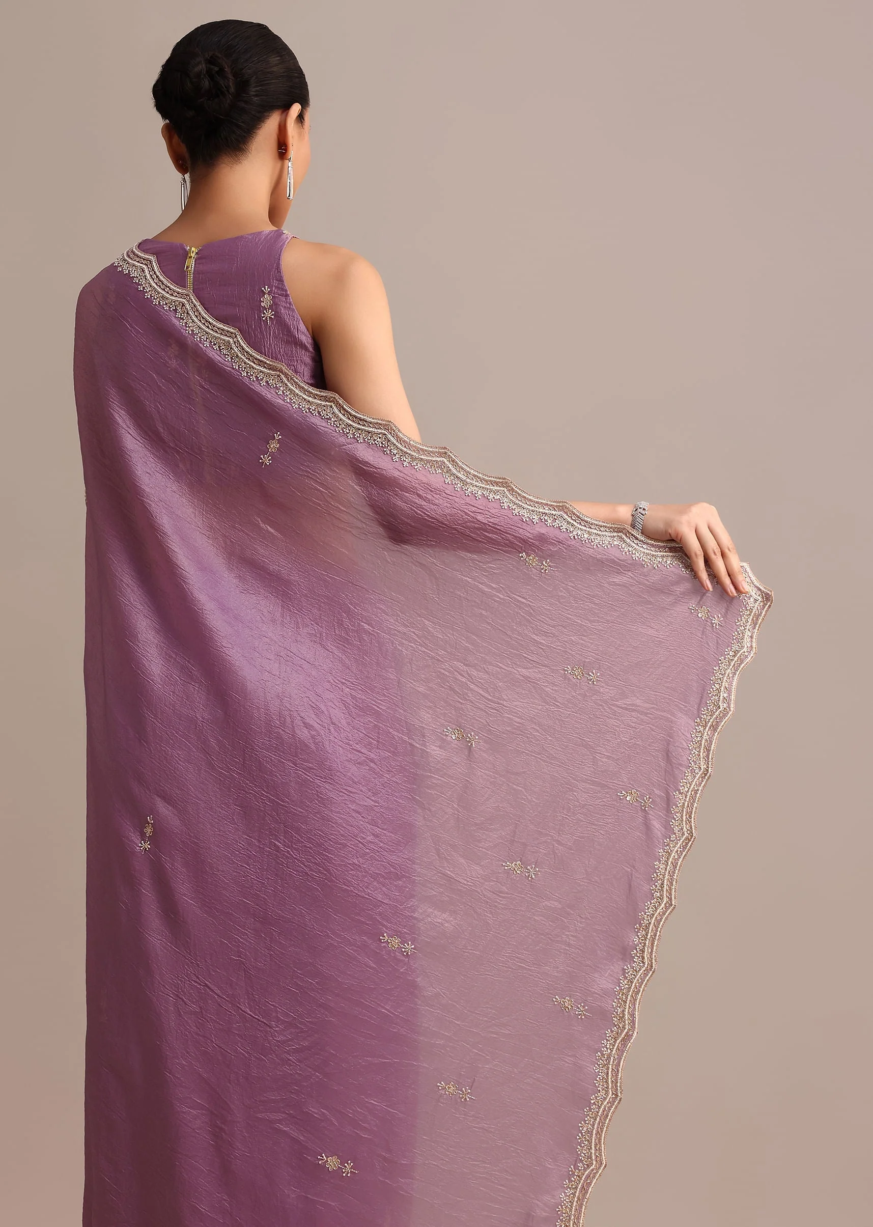 Lavender Crushed Tissue Saree With Moti And Cutdana Embroidered Border - Image 6