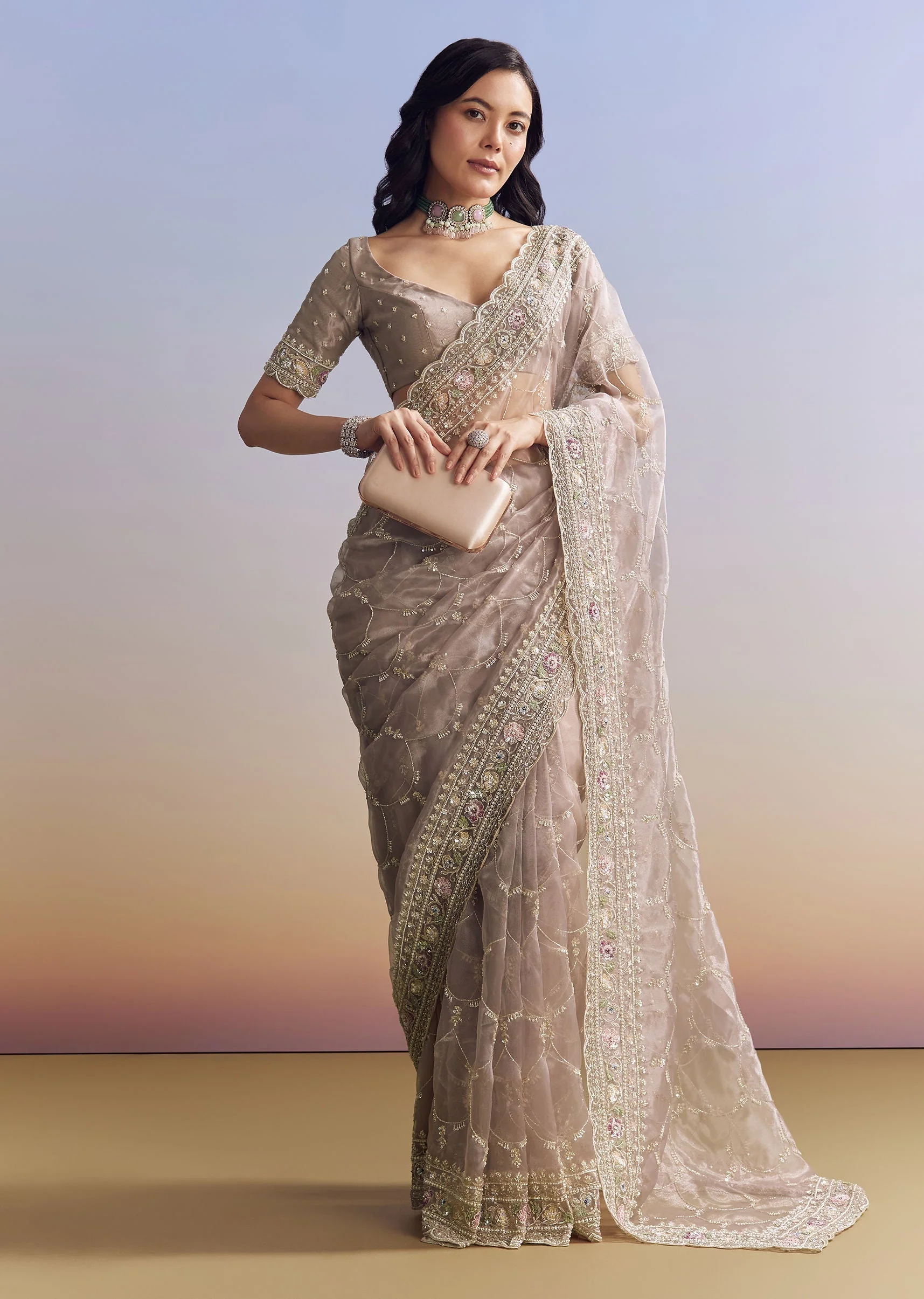 Lavender Glass Tissue Saree With Multicolor Sequins And Heavy Jaal - Image 2