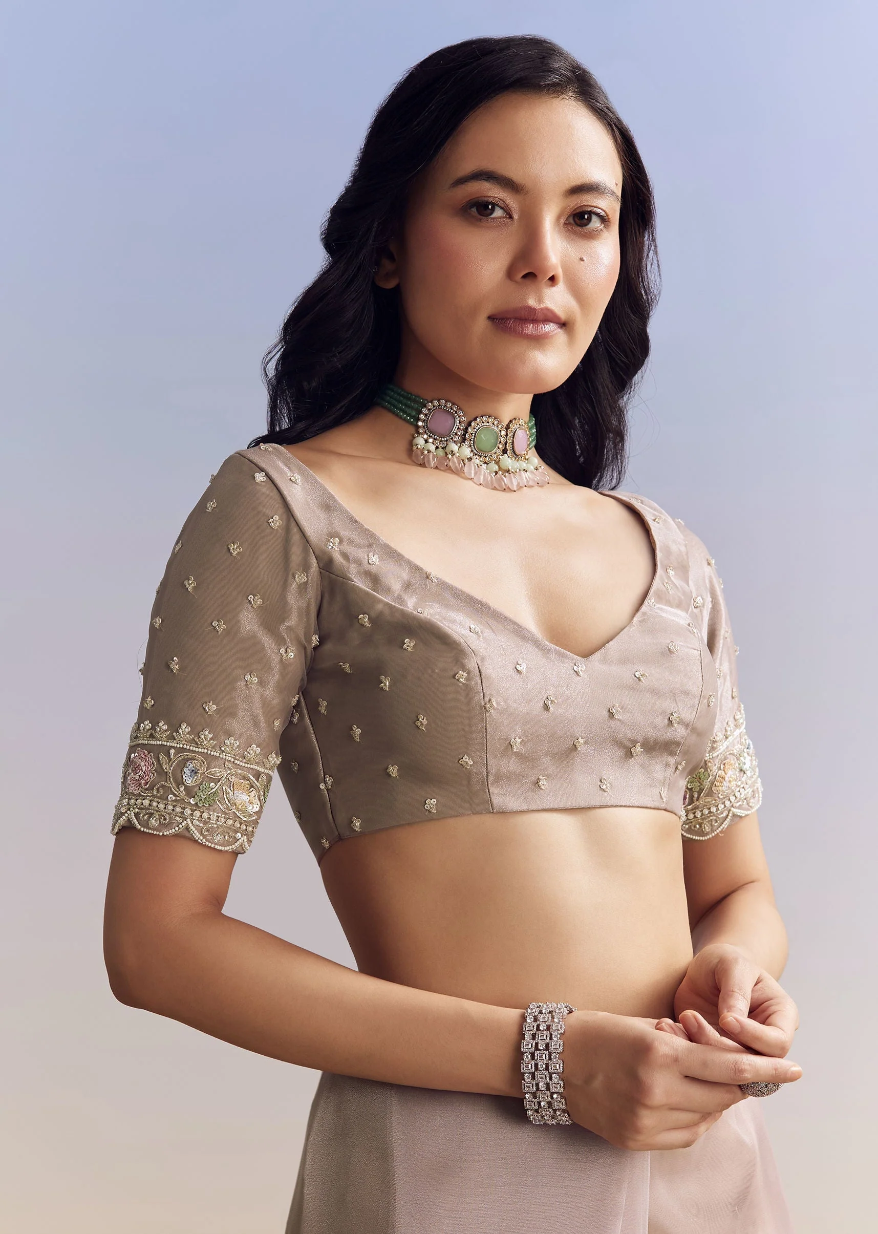 Lavender Glass Tissue Saree With Multicolor Sequins And Heavy Jaal - Image 7