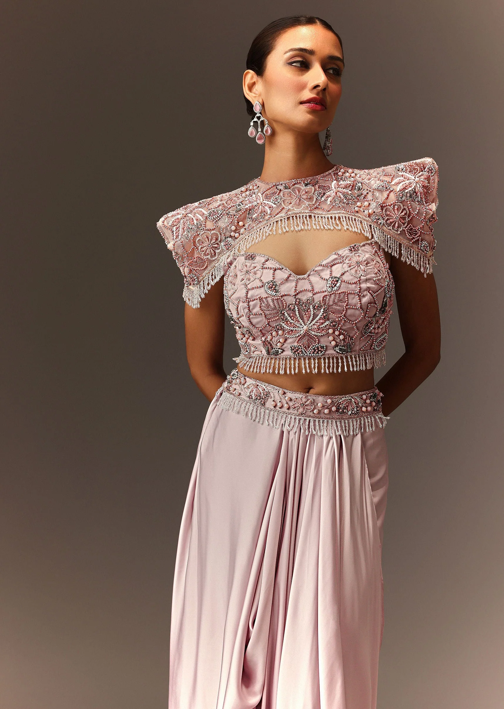 Lavender Hand Embroidered Blouse And Croped Cape With Drape Skirt - Image 2