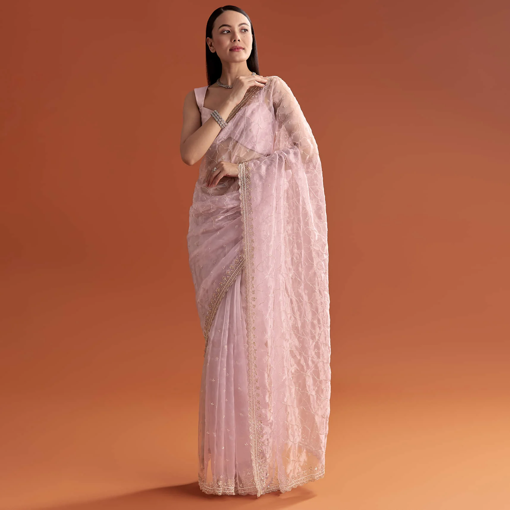 Lavender Organza Embroidered Saree With Jaal And Butti Work - Image 10