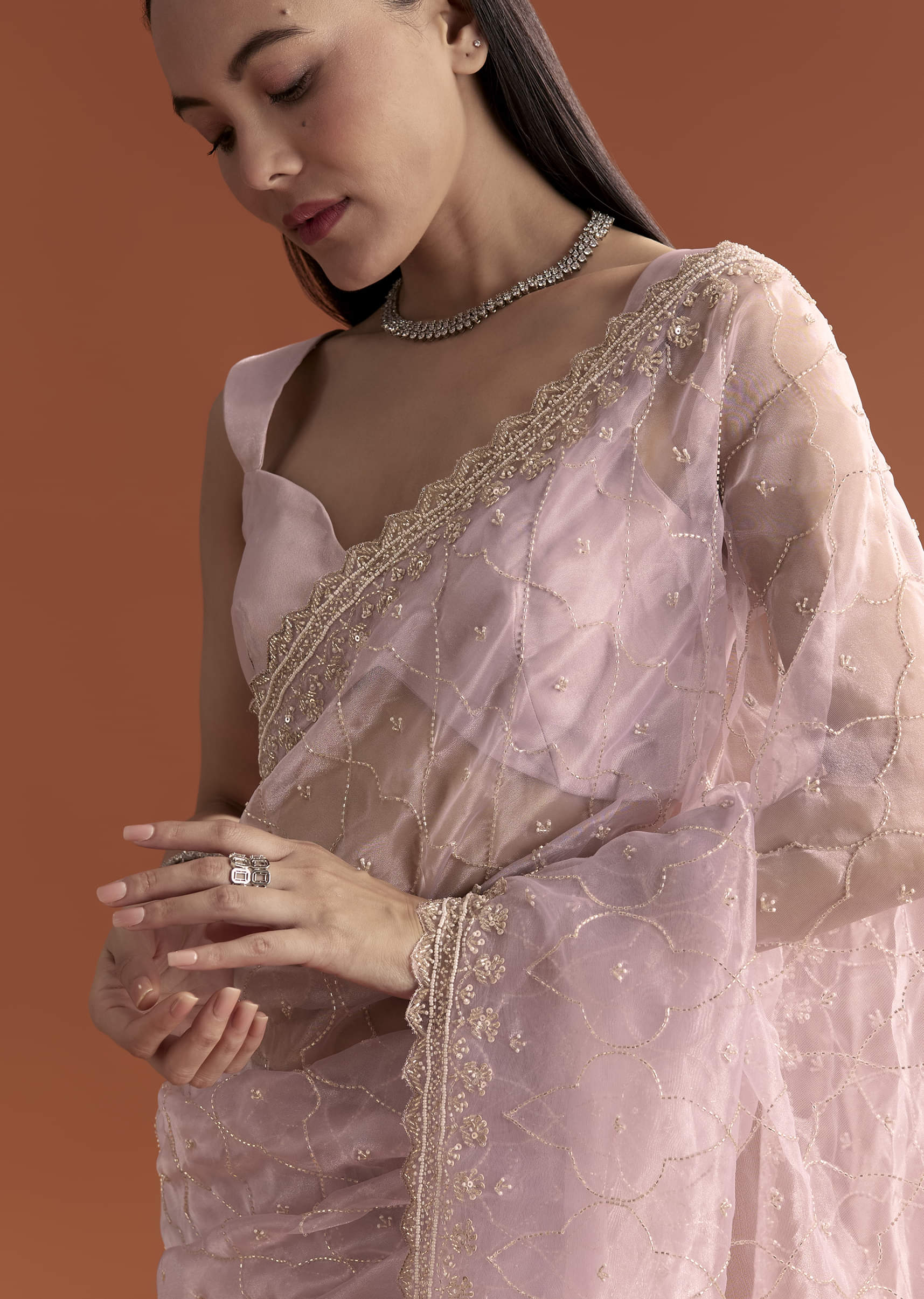 Lavender Organza Embroidered Saree With Jaal And Butti Work - Image 9