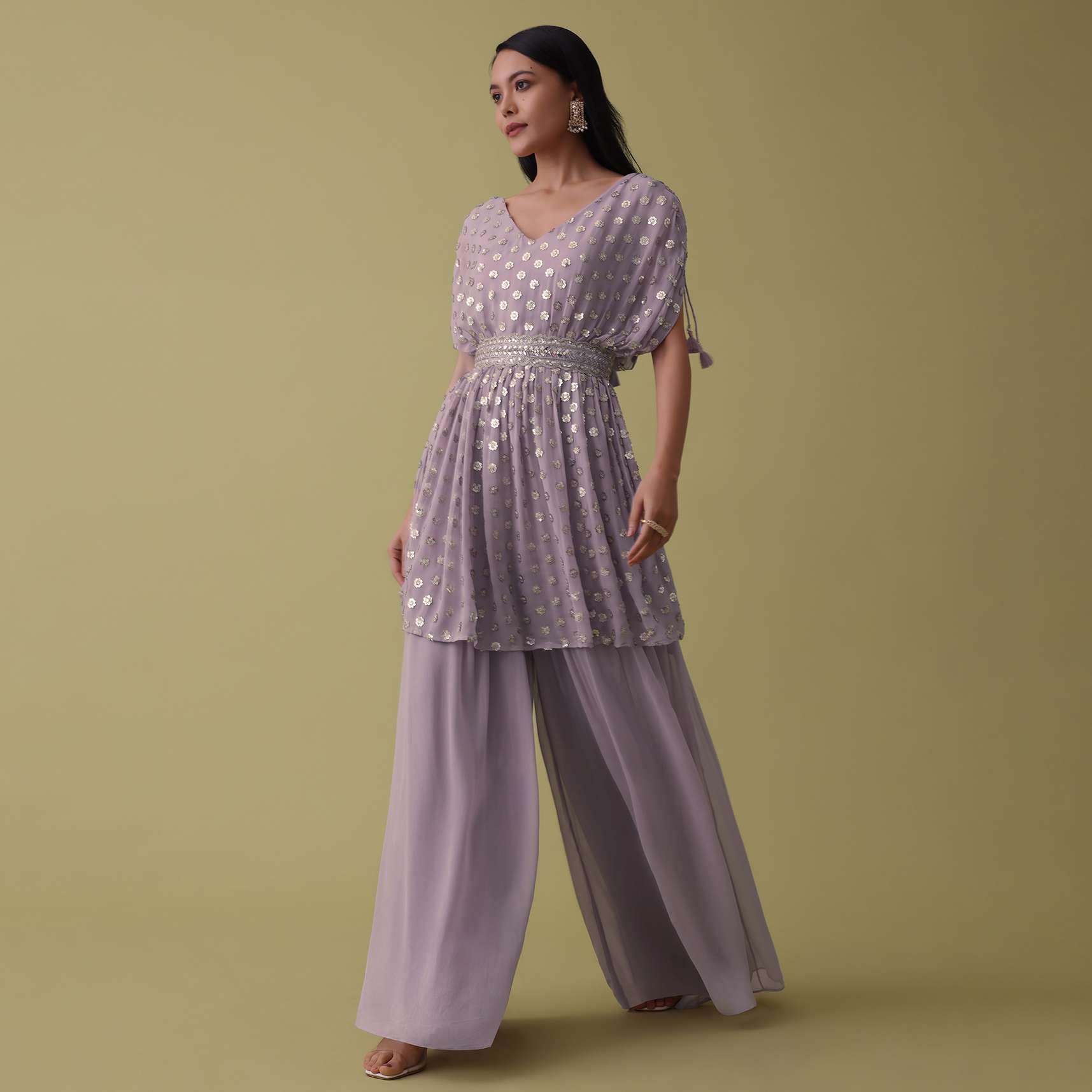 Lavender Purple Palazzo Top Set In Georgette With Sequins Work - Image 2