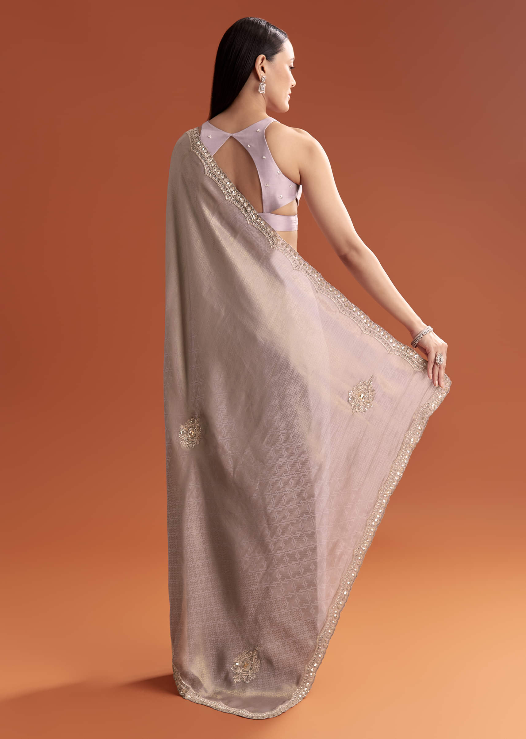 Lavender Satin Saree With Sequin And Bead Embroidery - Image 4