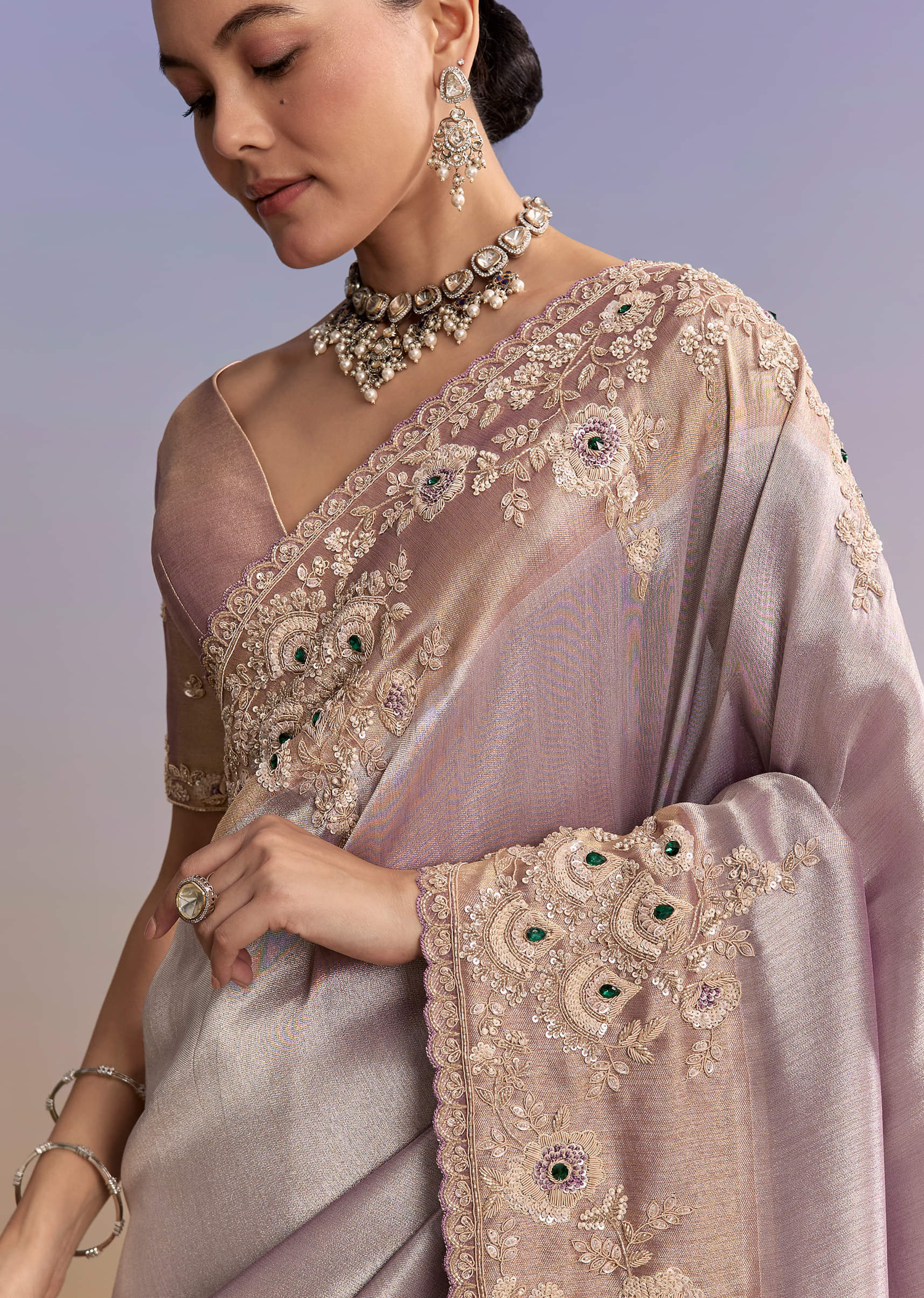 Lavender Tissue Embroidered Saree With Zari Border And Bead Work - Image 2