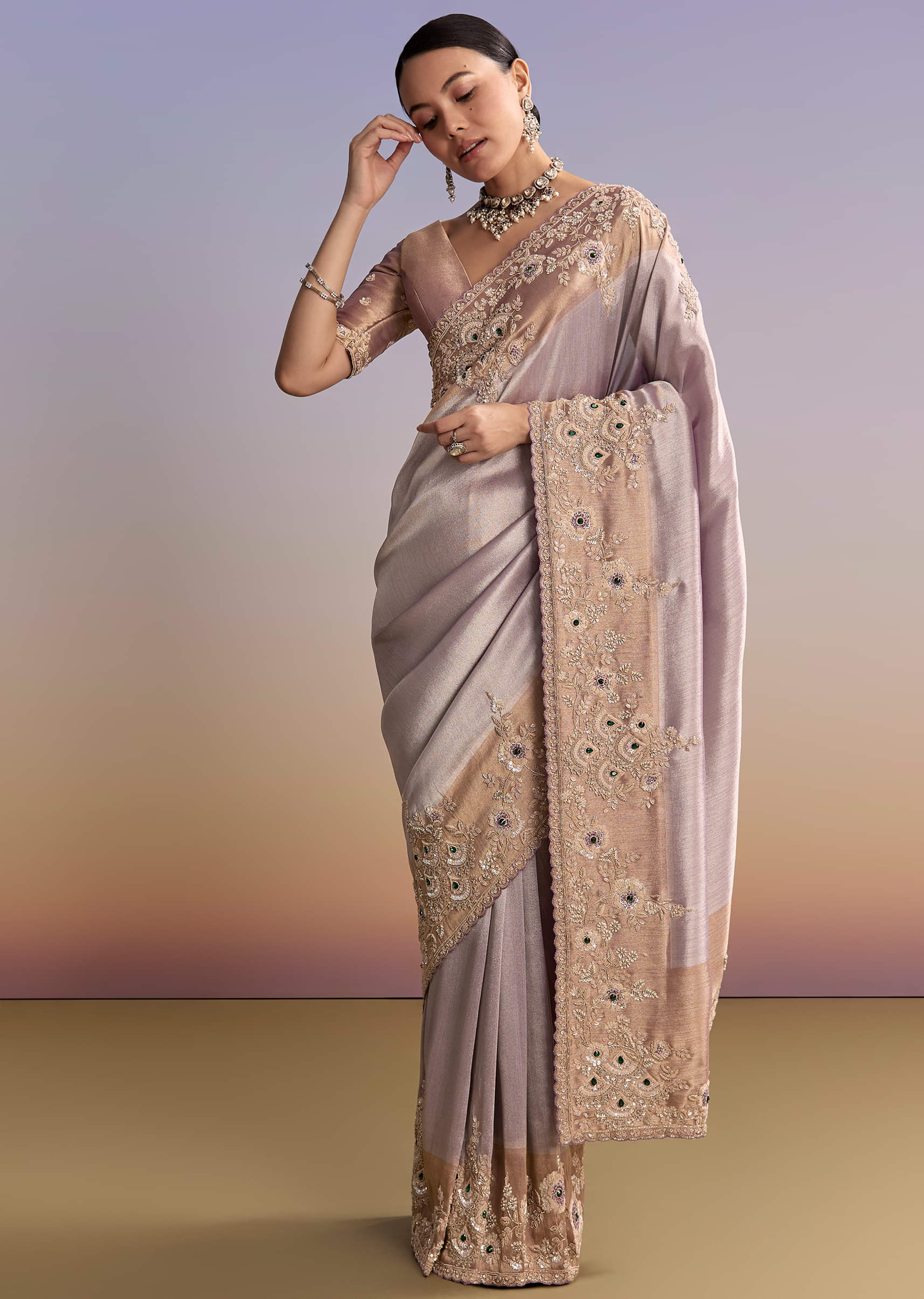 Lavender Tissue Embroidered Saree With Zari Border And Bead Work - Image 3