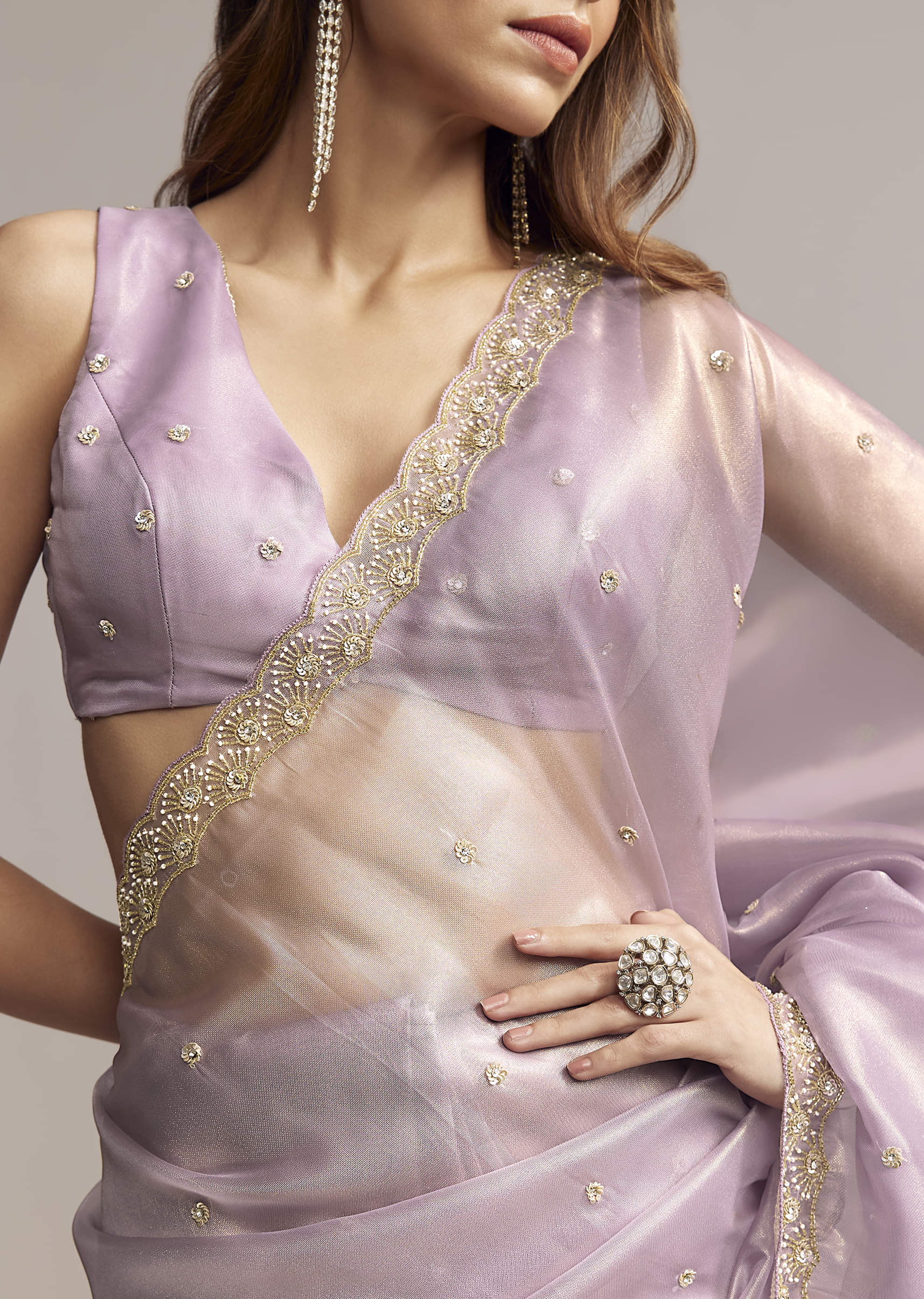 Lavender Tissue Saree With Cutdana And Butti Embroidery - Image 2