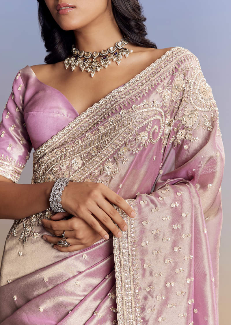 Lavender Tissue Saree With Cutdana Sequin And Bead Embroidery - Image 2