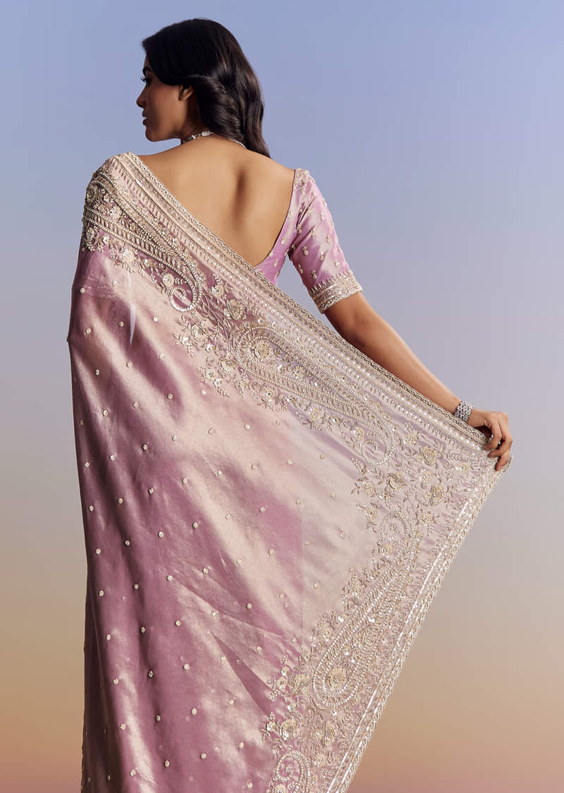 Lavender Tissue Saree With Cutdana Sequin And Bead Embroidery - Image 4