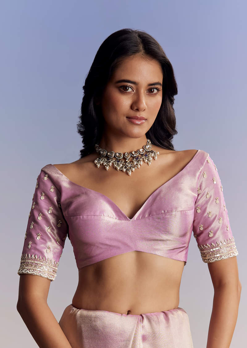 Lavender Tissue Saree With Cutdana Sequin And Bead Embroidery - Image 7