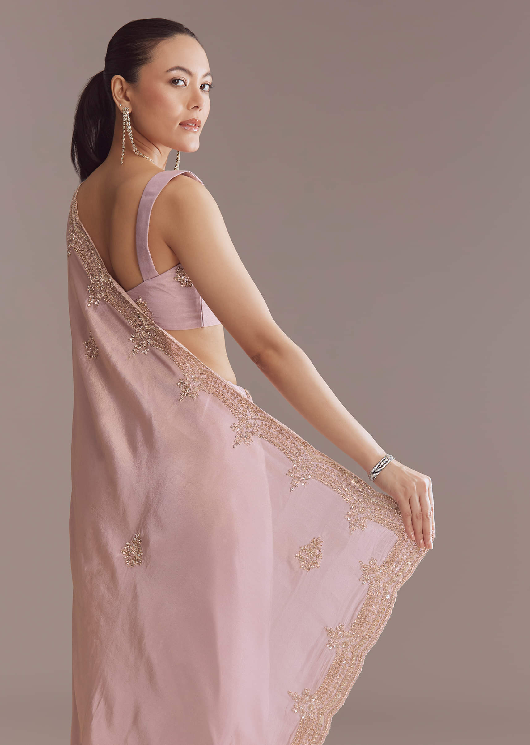 Lavender Tissue Saree With Heavy Hand Embroidery - Image 5