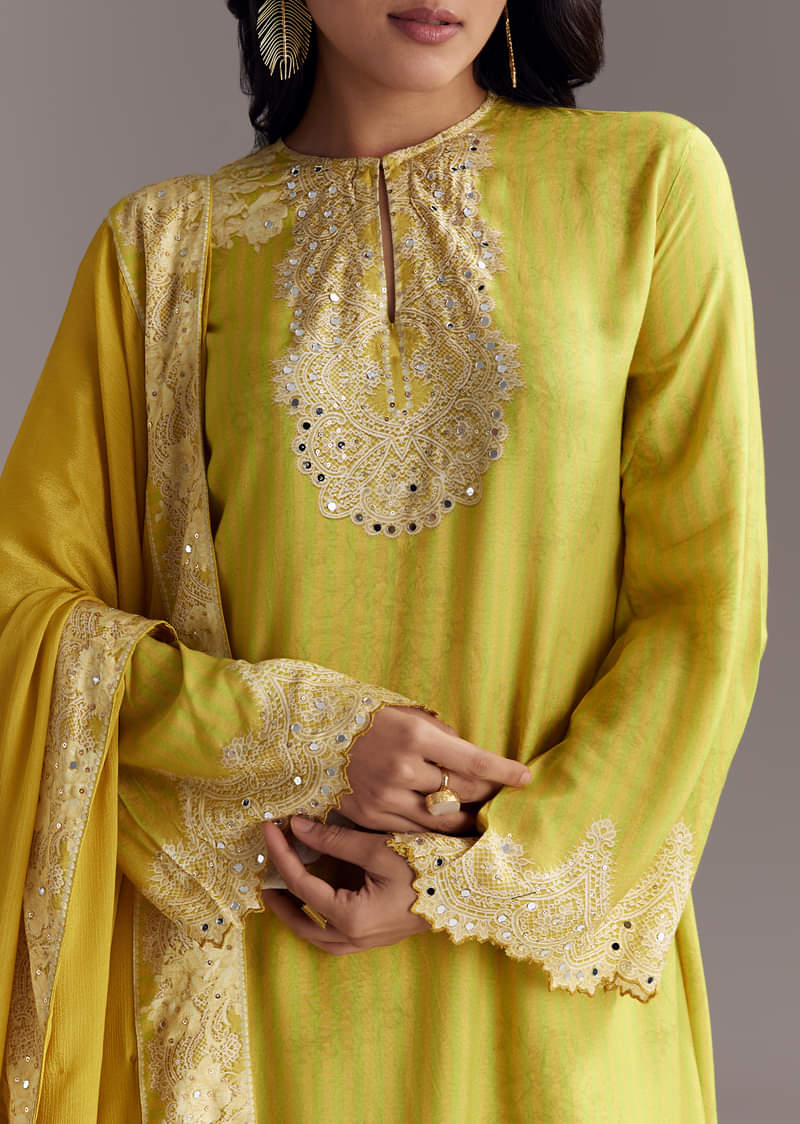 Lemon Green Printed Palazzo Set With Mirror Work - Image 2