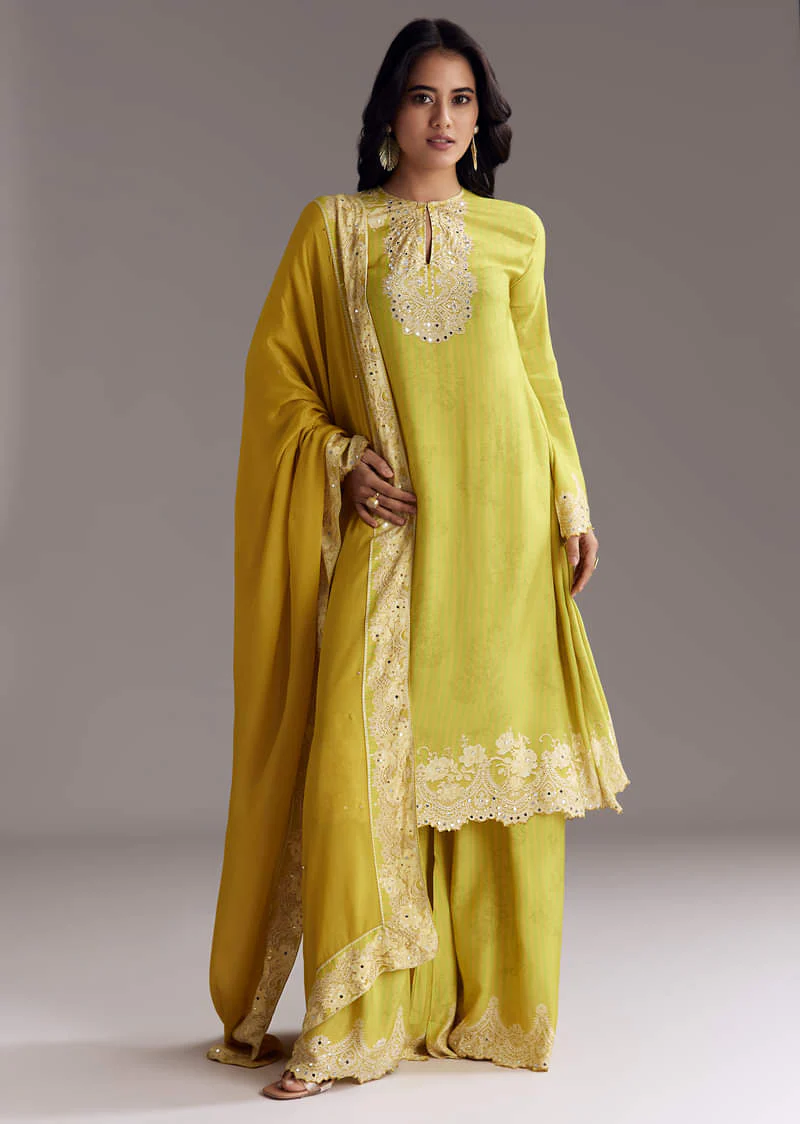 Lemon Green Printed Palazzo Set With Mirror Work - Image 3