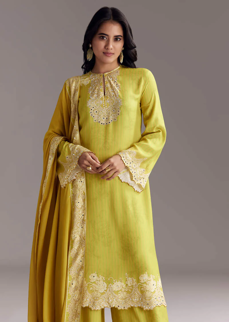 Lemon Green Printed Palazzo Set With Mirror Work - Image 4