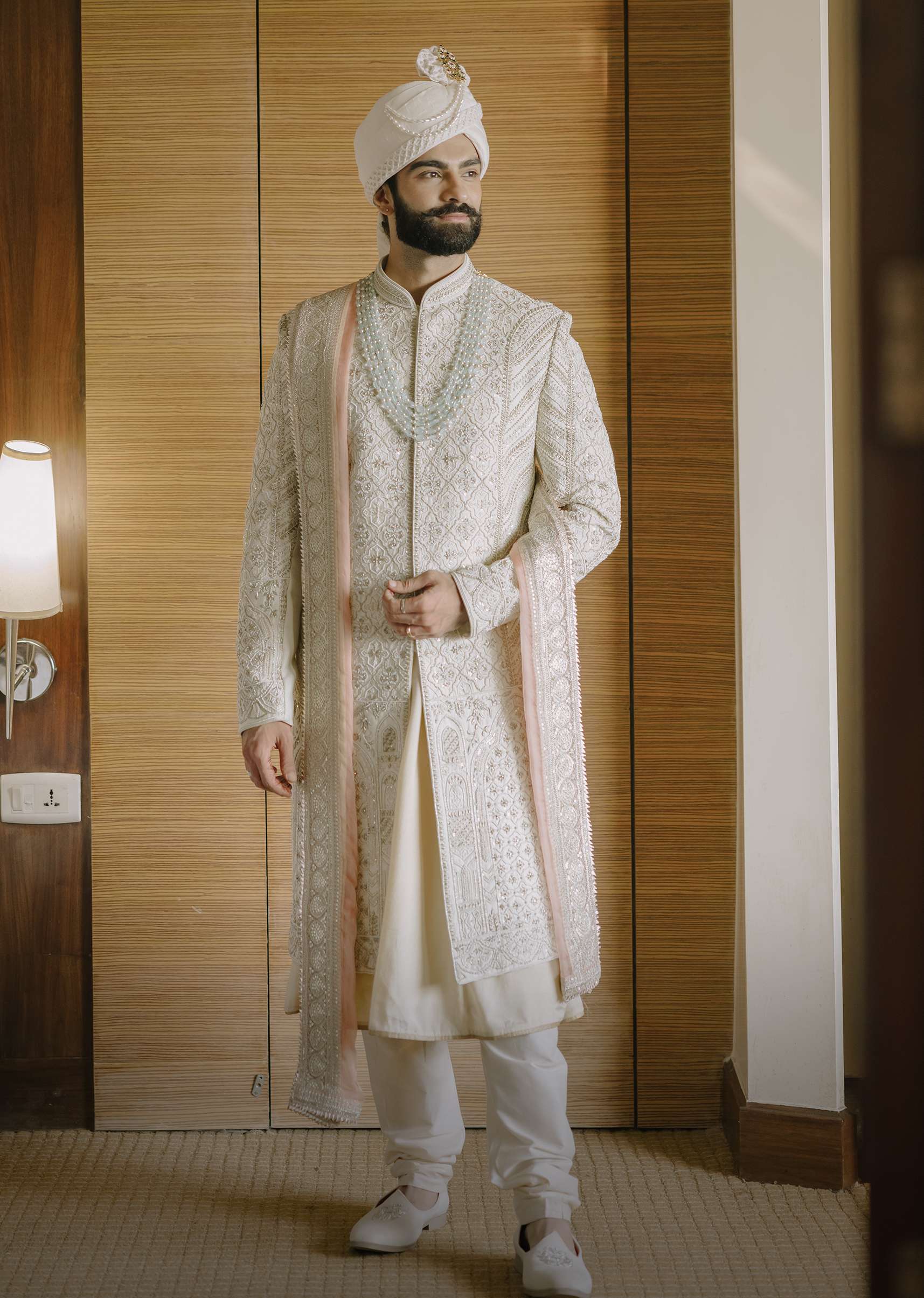 Lemon Yellow Embroidered Sherwani Set In Silk With Mala And Anarkali Line Kurta - Image 6