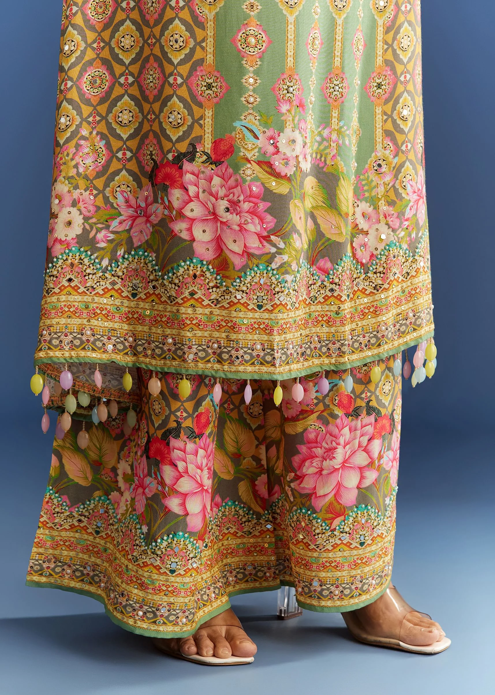 Light Aqua Green Cotton Muslin Kurta Dupatta With Printed Palazzo - Image 6