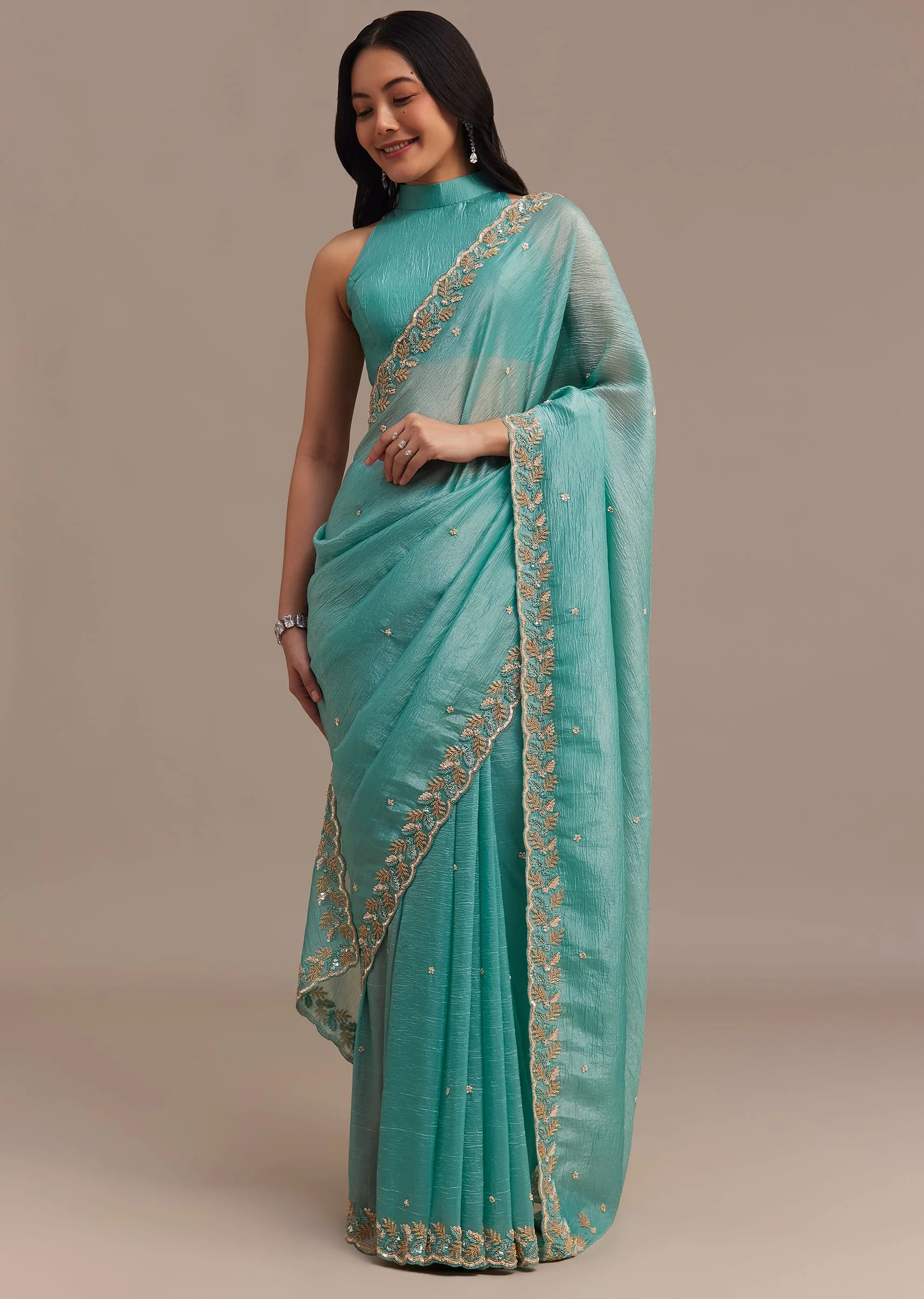Light Blue Crushed Tissue Saree Embroidered With Cutdana And Sequins - Image 3