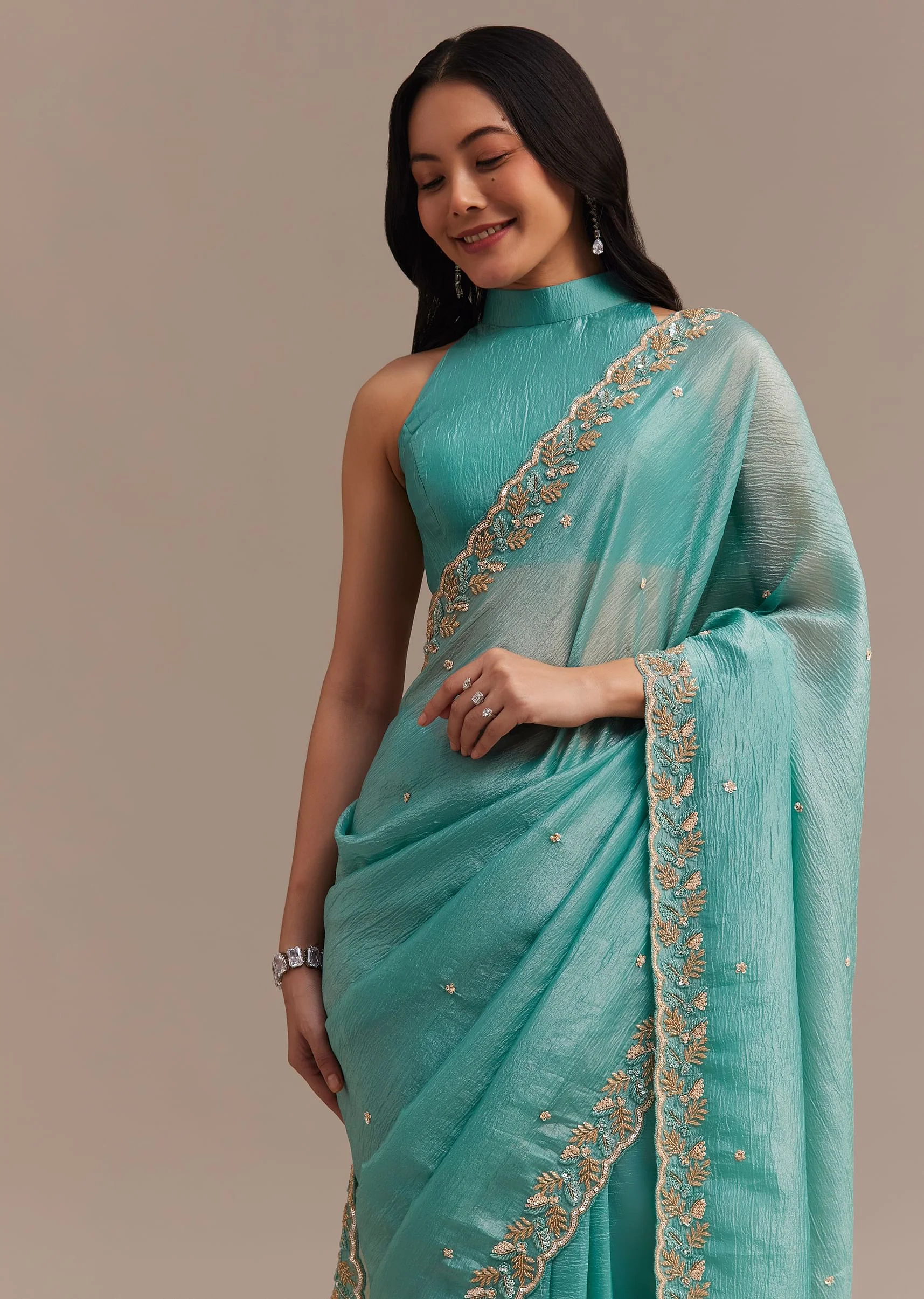 Light Blue Crushed Tissue Saree Embroidered With Cutdana And Sequins - Image 4