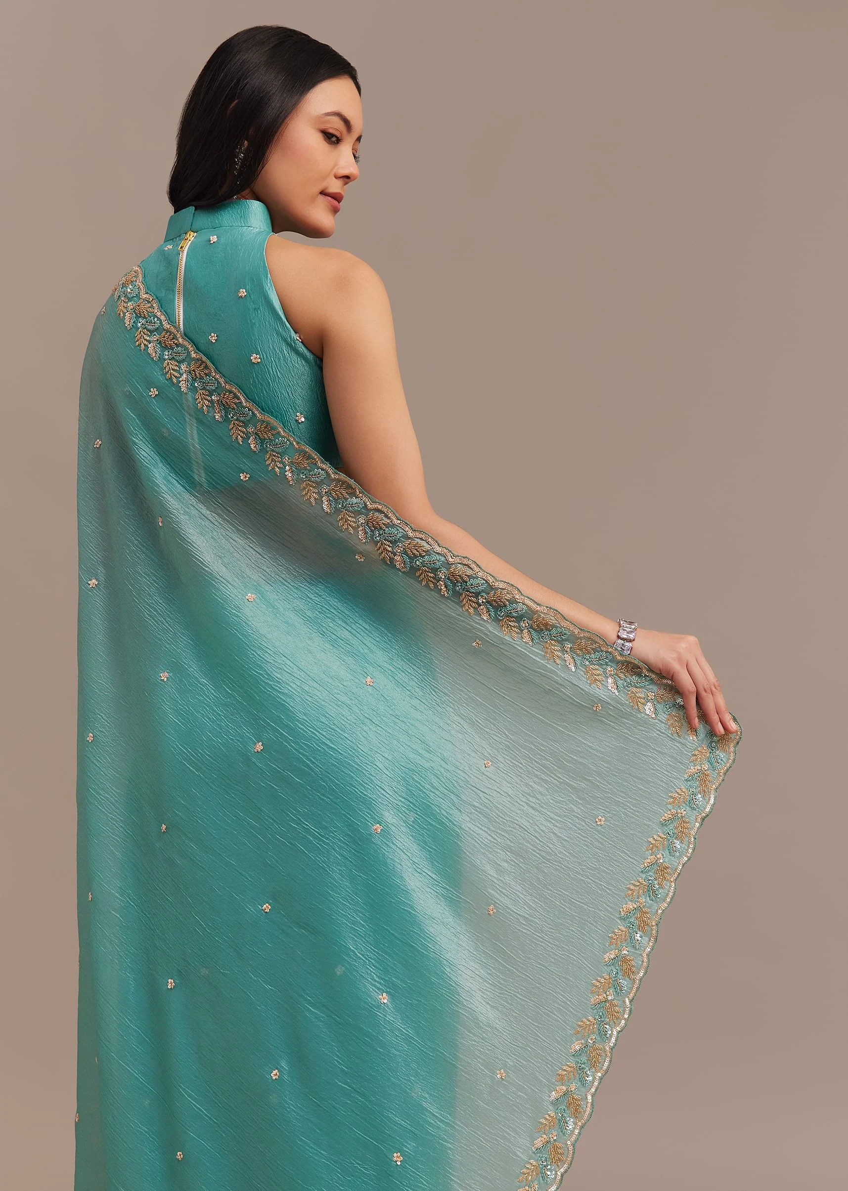 Light Blue Crushed Tissue Saree Embroidered With Cutdana And Sequins - Image 6