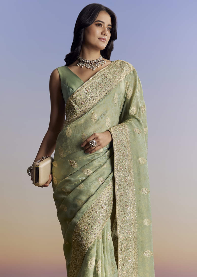 Light Green Jacquard Silk Saree With Zari Woven Embroidery - Image 5