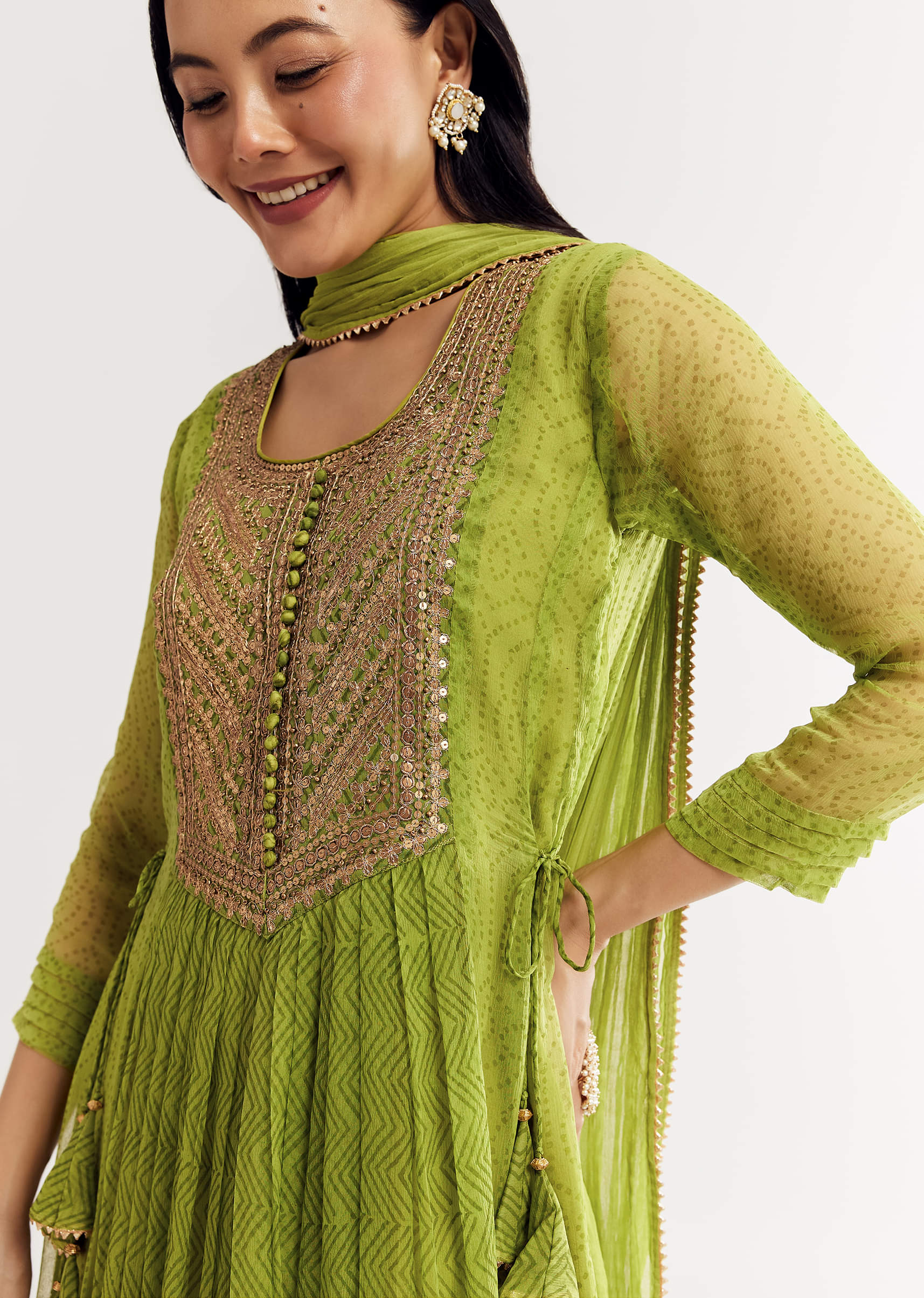 Light Green Printed Chiffon Kurta Dupatta Set With Sequin Work - Image 2