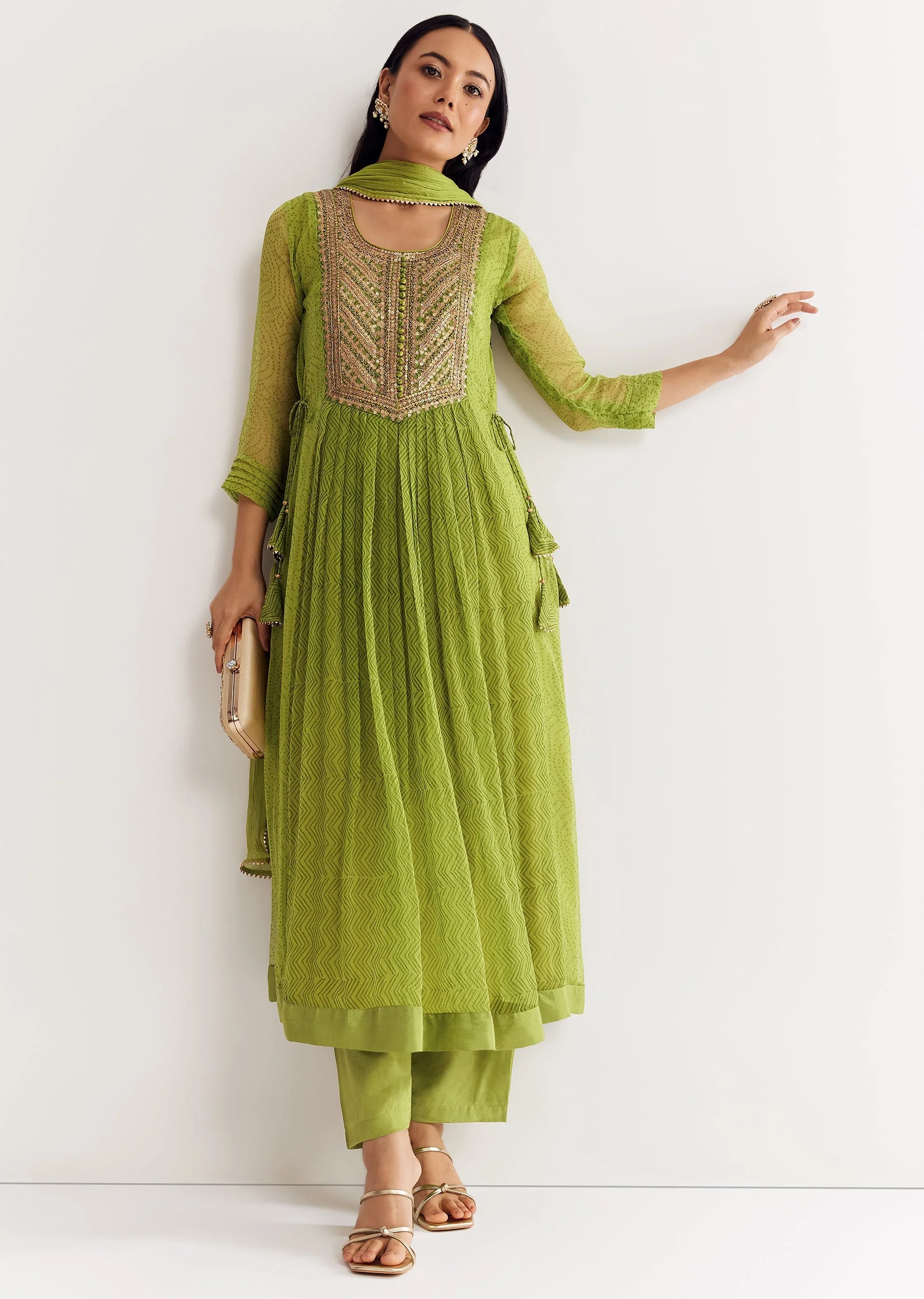 Light Green Printed Chiffon Kurta Dupatta Set With Sequin Work - Image 3