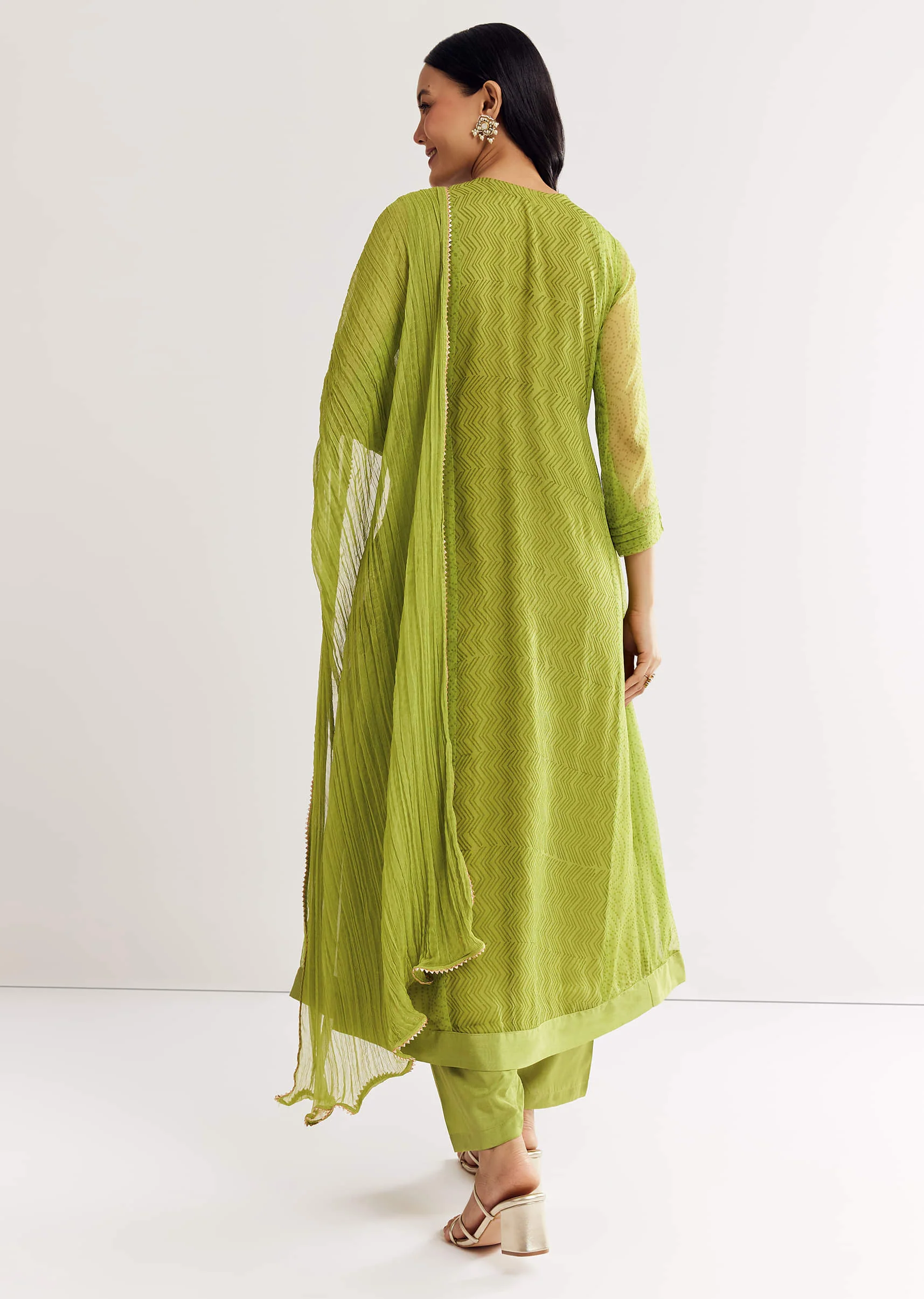 Light Green Printed Chiffon Kurta Dupatta Set With Sequin Work - Image 5