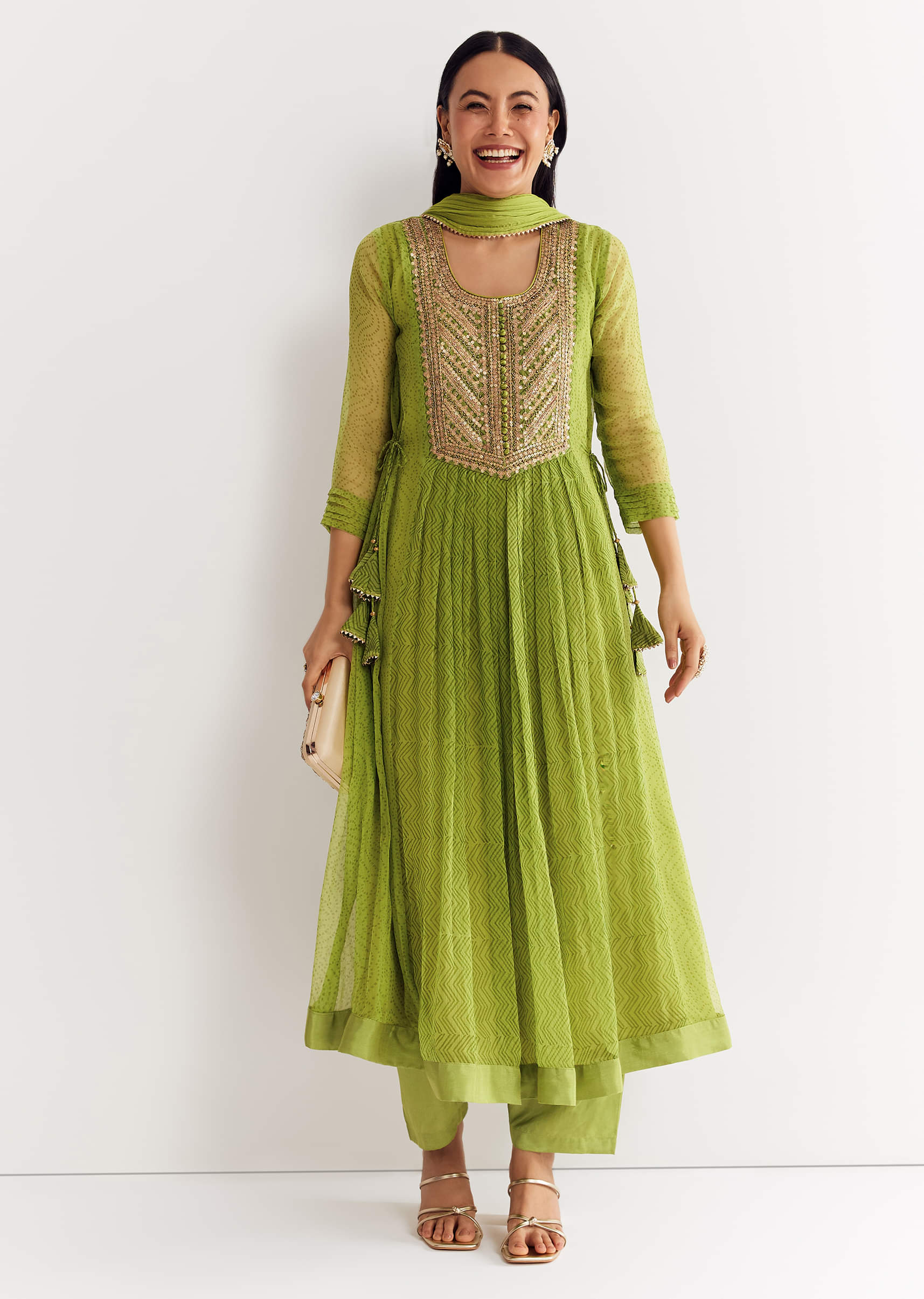 Light Green Printed Chiffon Kurta Dupatta Set With Sequin Work - Image 7